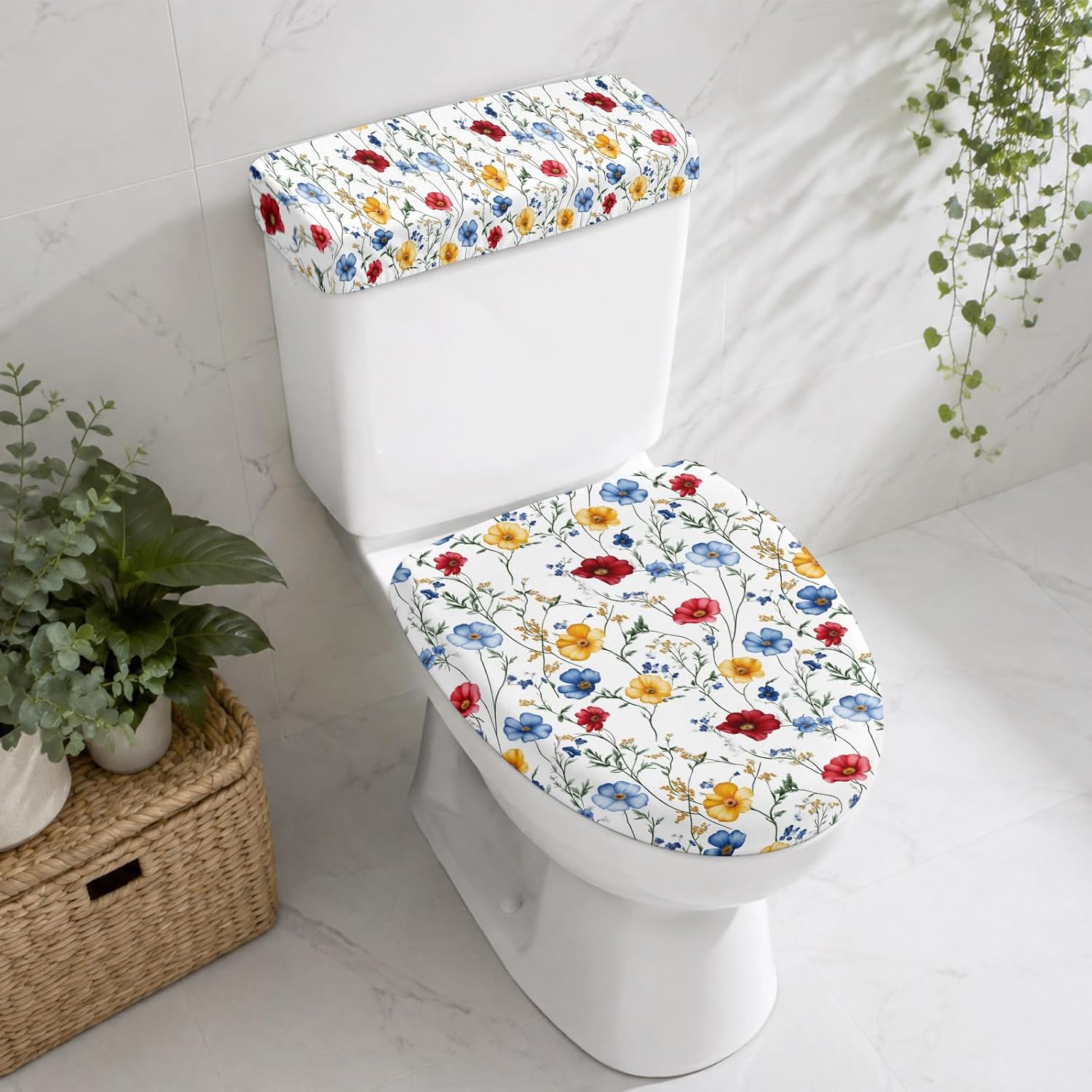 Spring Floral Toilet Lid Cover and Tank Cover Set, Washable Stretch Fabric Toilet Covers with Elastic Edge, Elegant Watercolor Botanical Flower Universal Lid Protector for Home Hotel Bathroom Decor