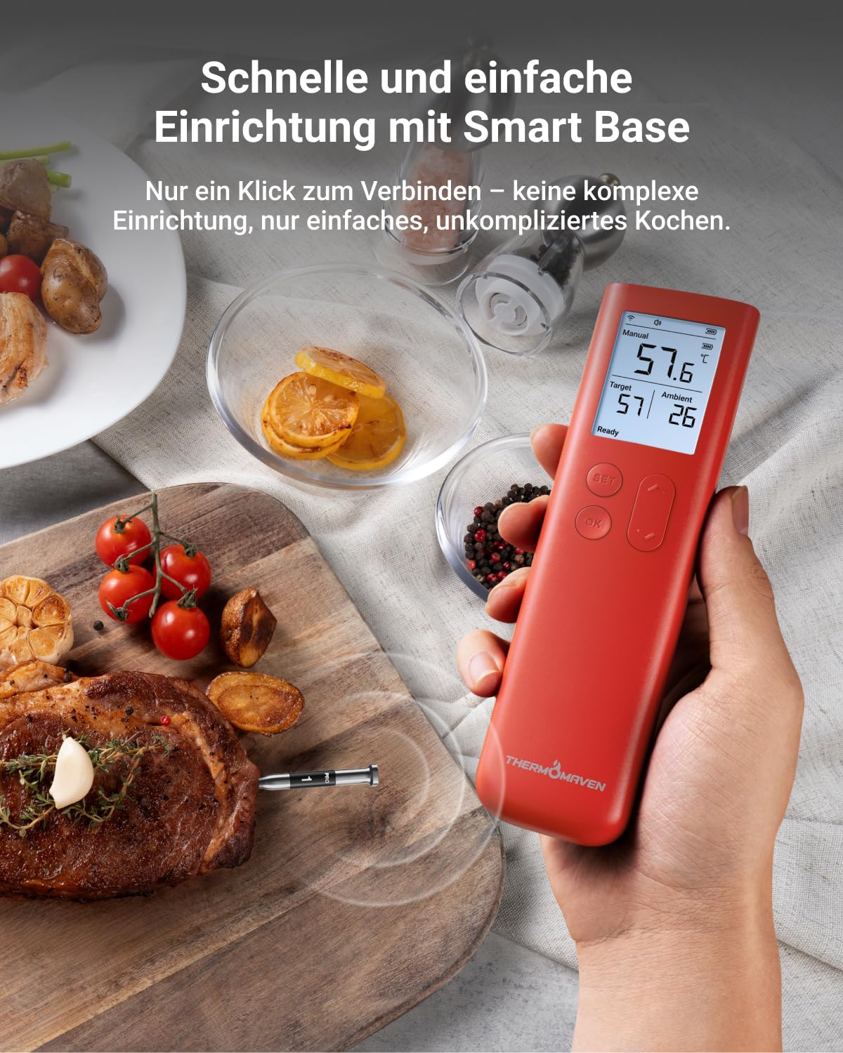 ThermoMaven Fleischthermometer Kabellos, Sub-1G 10X Signal Grillthermometer | 915m Reichweite, Smart Display-Basis & App, NIST-Zertifiziert ±0,3 °C, Bratenthermometer für BBQ, Smoker, Grill, Backofen