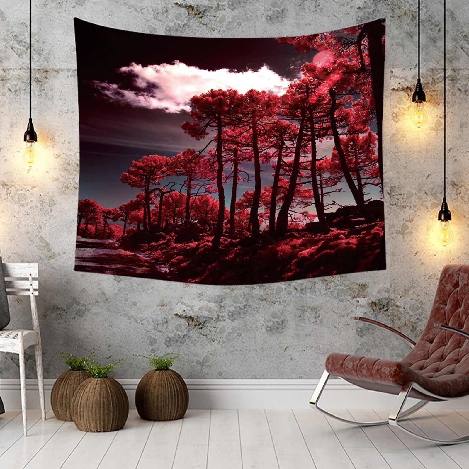 Aotiwe Zasłona ścienna w stylu boho, dywan ścienny do zawieszenia, drzewo z czerwonymi liśćmi, czarno-czerwona, 350 x 256 cm