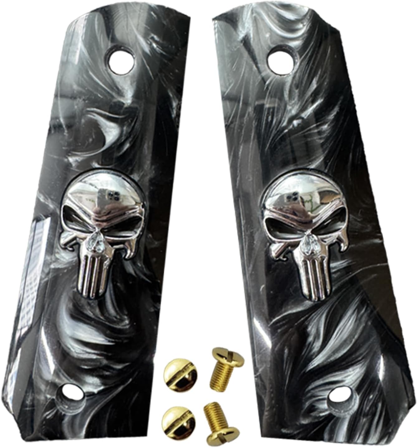 1911 Grips Full Size,White Pearl,Black Pearl,Bonded Ivory,Silver Gold Metal Punisher Skull,Brown Pearl,Fits Colt,Kimber,Springfield,Remington,Rock Island,Government Commander Models