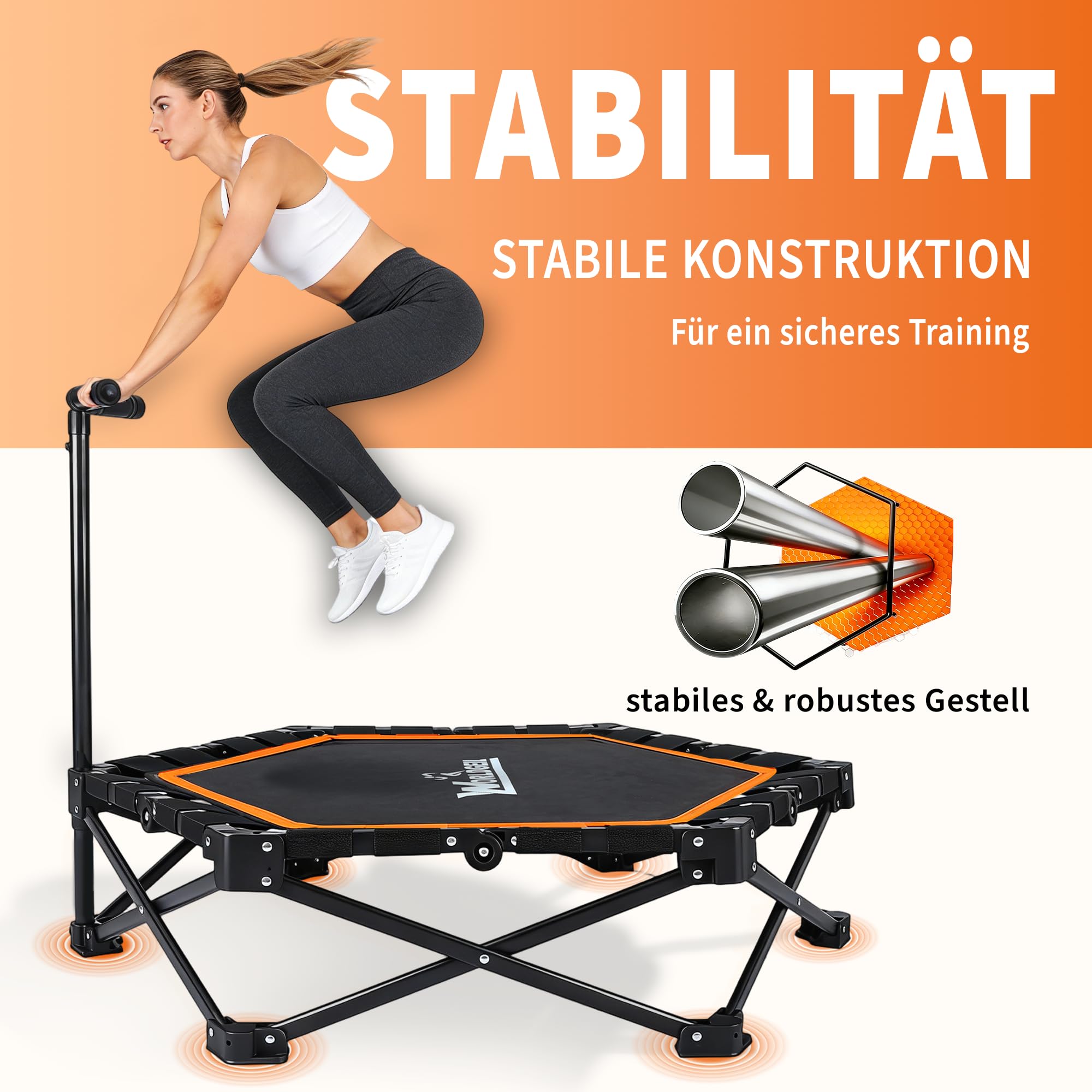 Trampolin Indoor Klappbar - Mini Trampolin mit Höhenverstellbarer Handgriff - Tragkraft 150 kg - Ø 86.5 cm - Jumping Trampolin Fitness für Erwachsene & Kinder - Sport Geräte für Zuhause