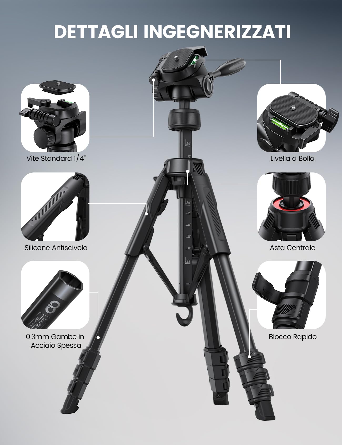 Lamicall Treppiede Fotocamera e Smartphone - [Gambe Brevettato Sgancio Rapido] [8KG Portata] 3 Vie Testa Panoramica, Cavalletto Fotografico con Clip Telefono per iPhone/DSLR/GoPro(48-170cm Regolabile)