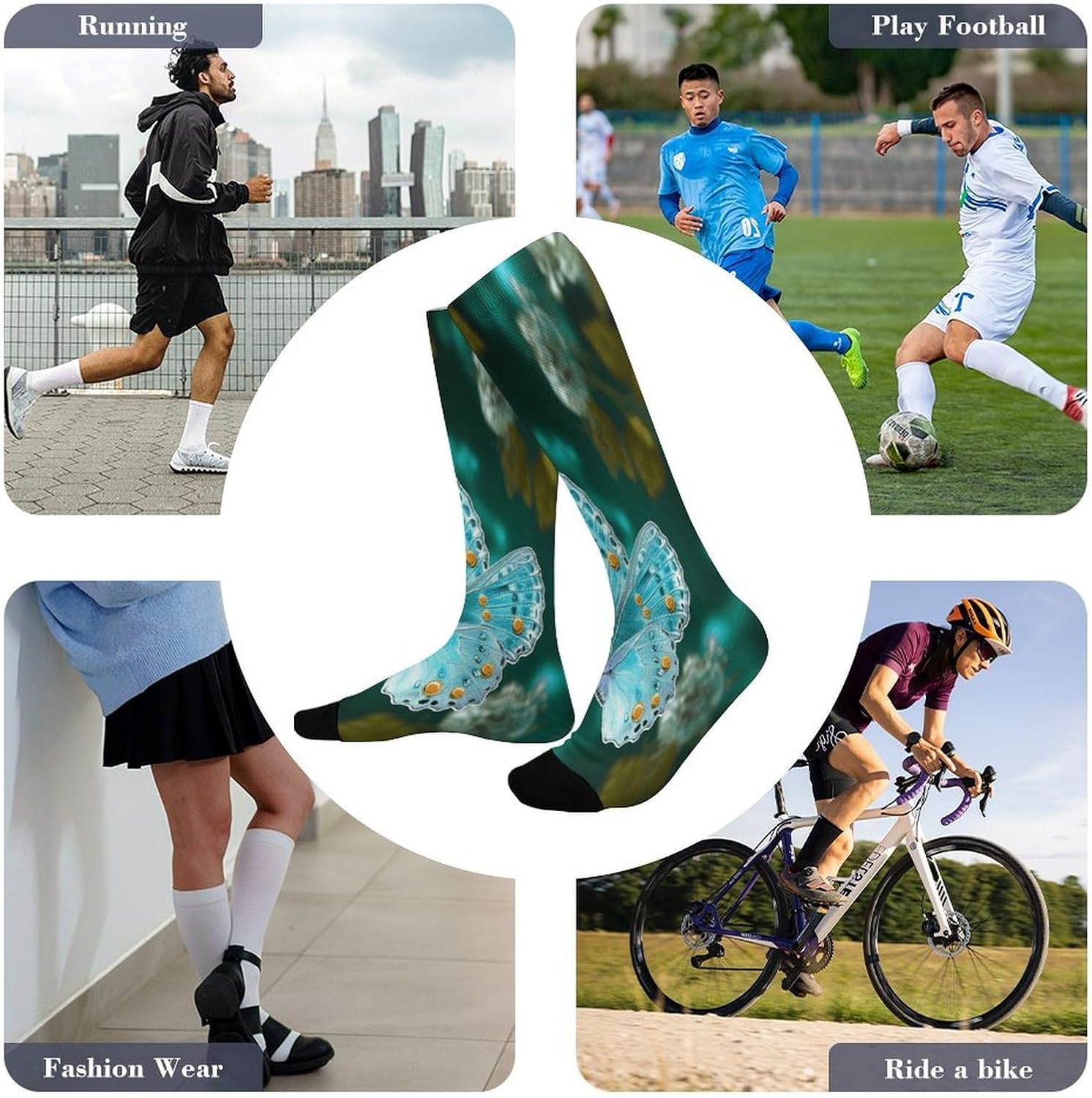 Light Blue Butterfly Compression Sock Circulation Support Socks Lightweight Knee High Tube Sock Over-The-Calf Sock for Adult