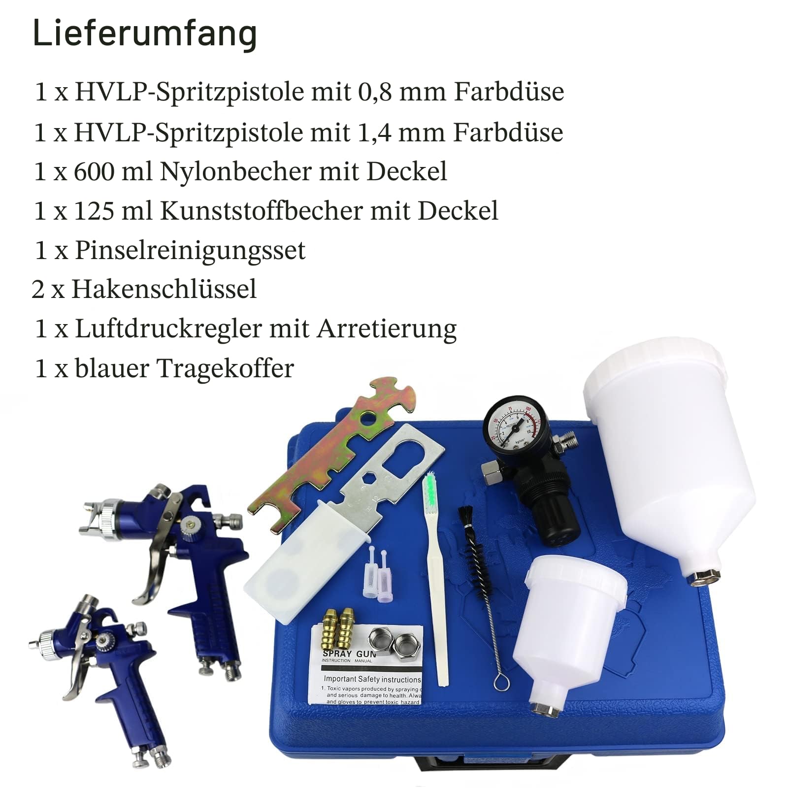 HVLP Set von 2 Professionellen Lackierpistolen - Düsen 0,8 mm und 1,4 mm - Pistolen 125 ml und 600 ml Für Möbel und Auto (Blau)