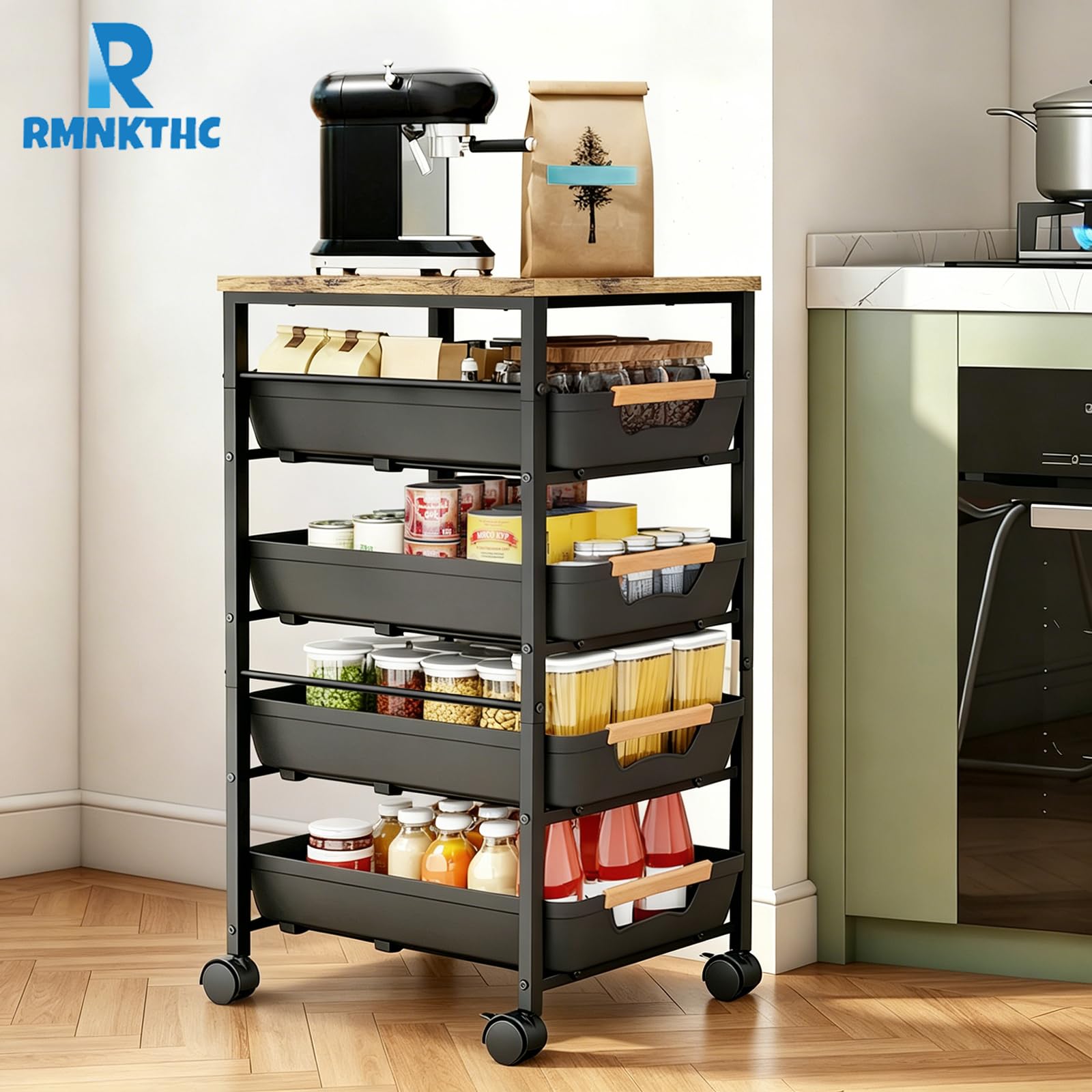 Carro de cocina con 5 estantes y 4 cajones, ruedas de 360° con 2 frenos, con placa de madera y cestas ventiladas, para almacenar frutas, verduras, microondas en la cocina y el salón (32 x