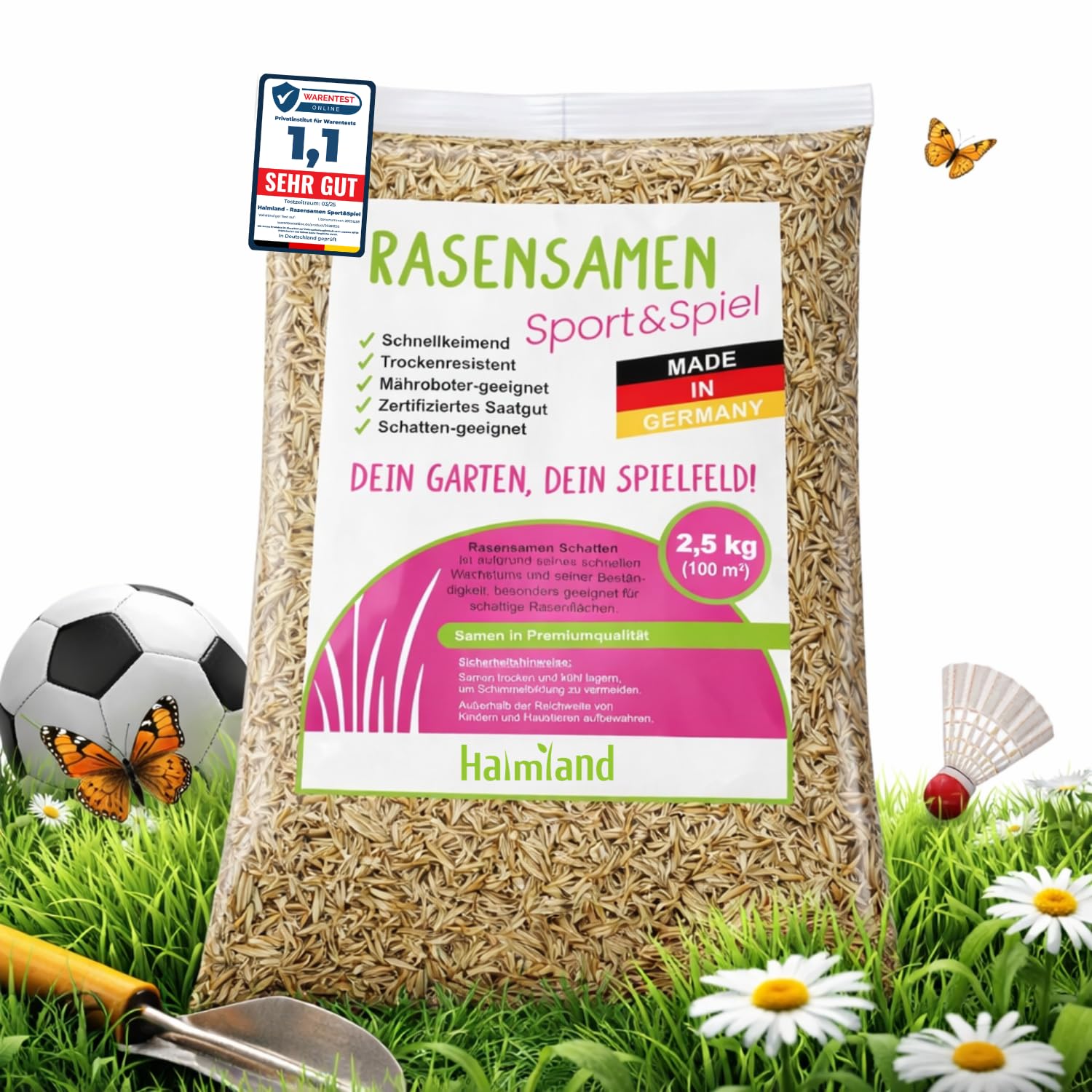 halmland Rasensamen Schnellkeimend 2,5kg für 100m², strapazierfähiger Sport-und Spielrasen