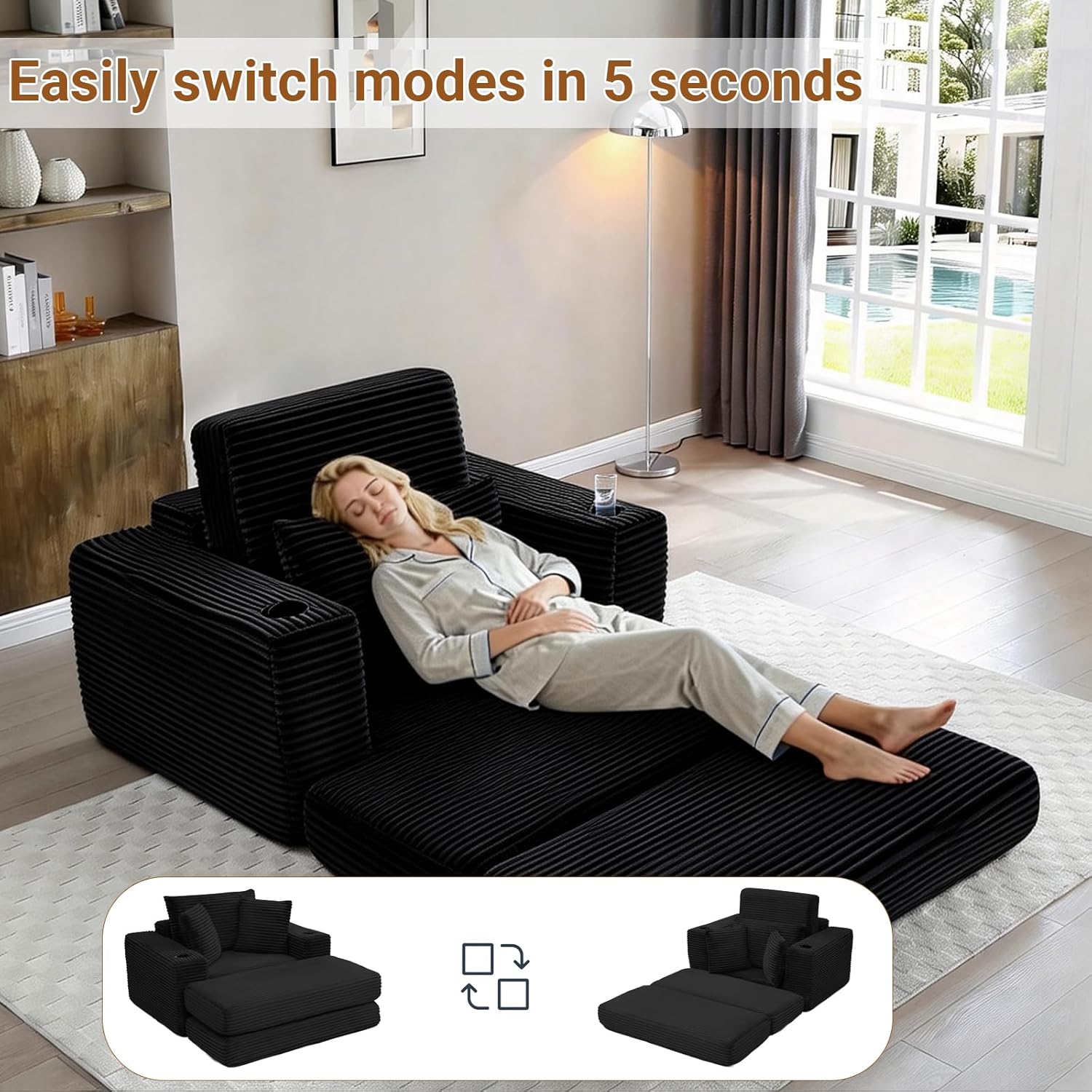 53" Oversized Chaise Lounge Chair Indoor, Modular 3-in-1 Corduroy Boneless Chair Cloud-Like Cozy Comfy Sofa Bed Sleeper Couch for Reading, Living Room, Bedroom, Black