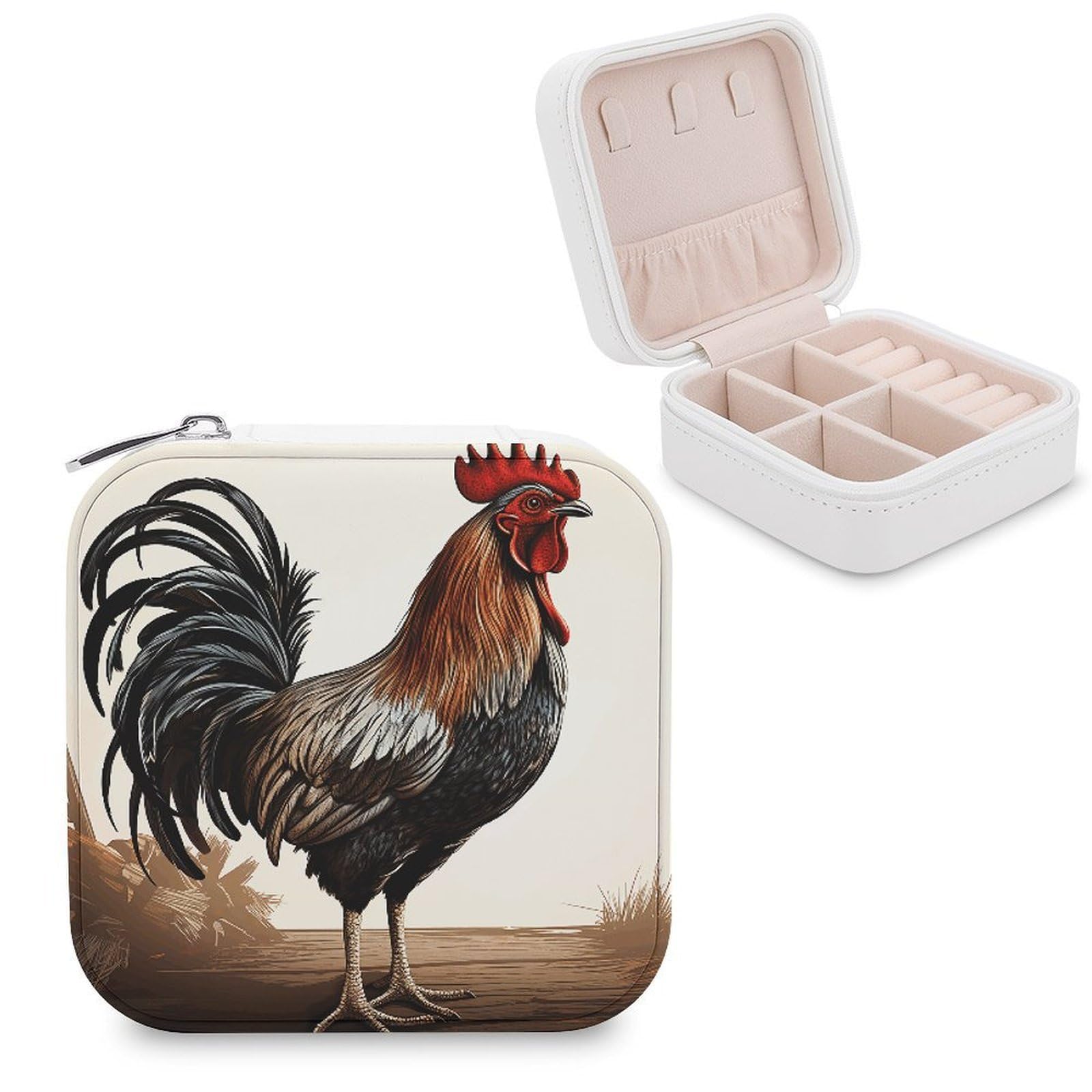 LZQPOEAS Rooster Jewelry Box, PU Patterned Storage Case, Portable Travel Jewelry Organizer Box for Storing Rings, Pendants, Earrings, Necklaces, And Women's Specialized