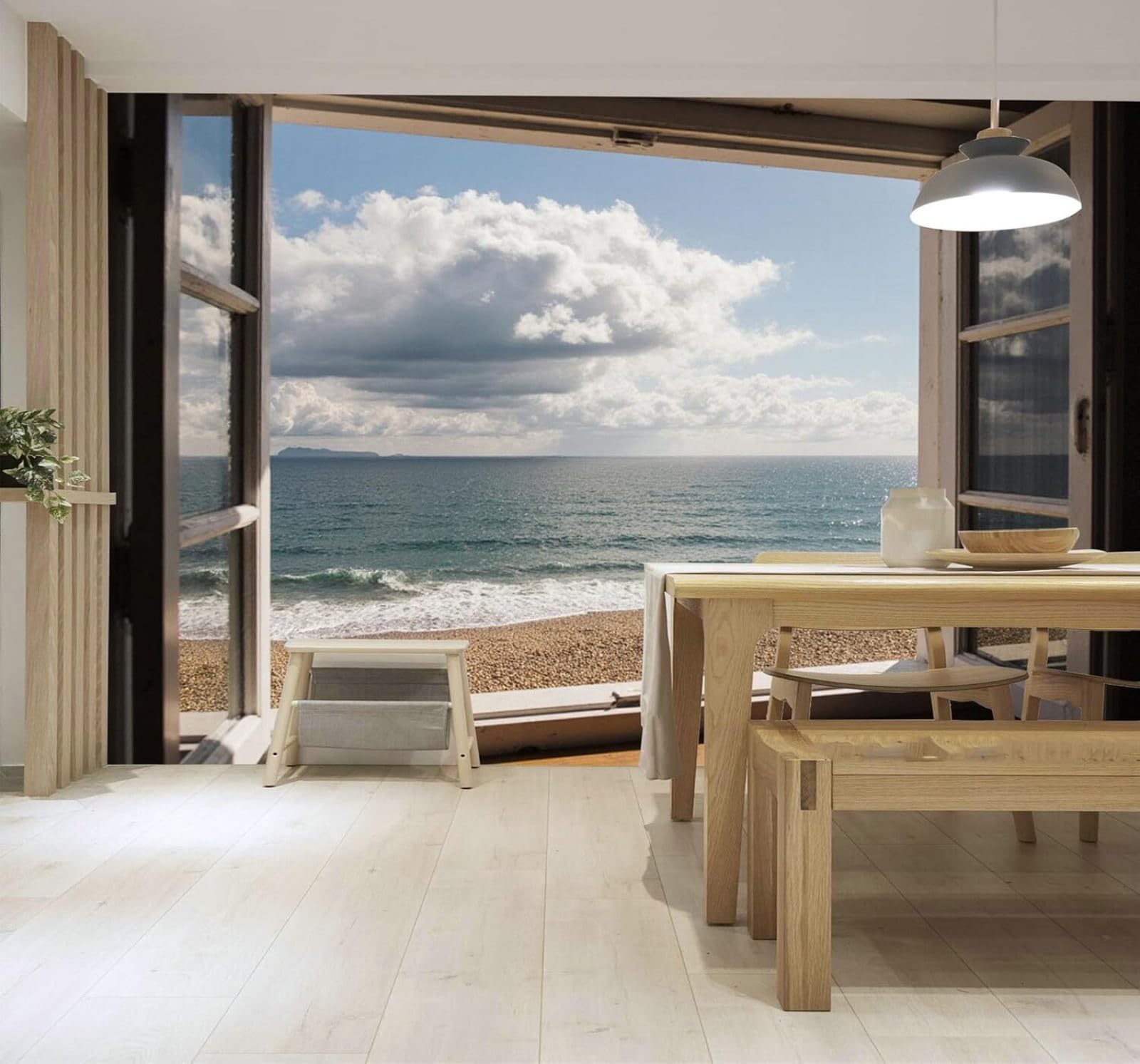 3D Carta da Parati Vista Sul Mare Dalla Finestra Spiaggia Nuvole Panorama