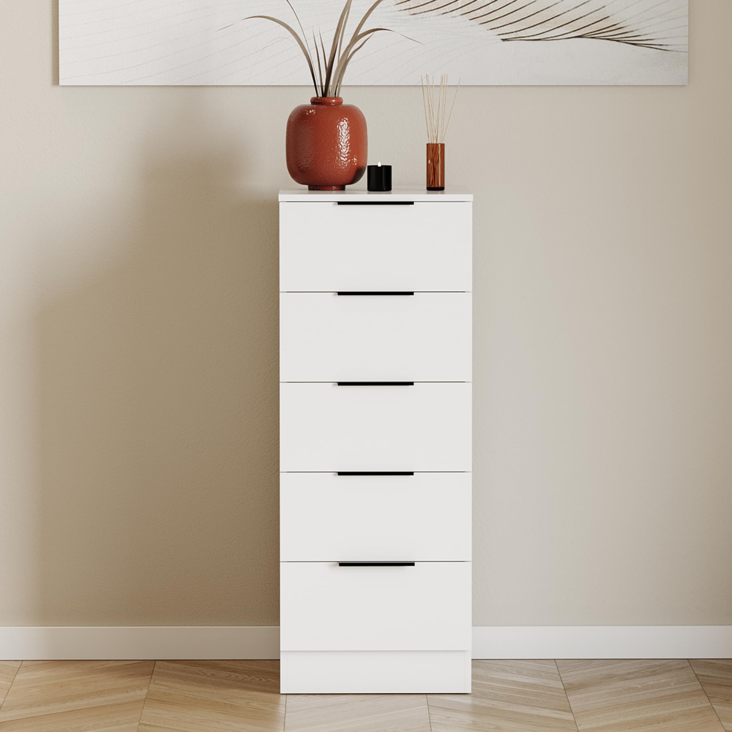 Vida Designs Trega - Cassettiera stretta con 5 cassetti, colore bianco, sottile, salvaspazio, per camera da letto, 90 x 34,5 x 36 cm (altezza x larghezza x profondità), supporto anti-piegamento