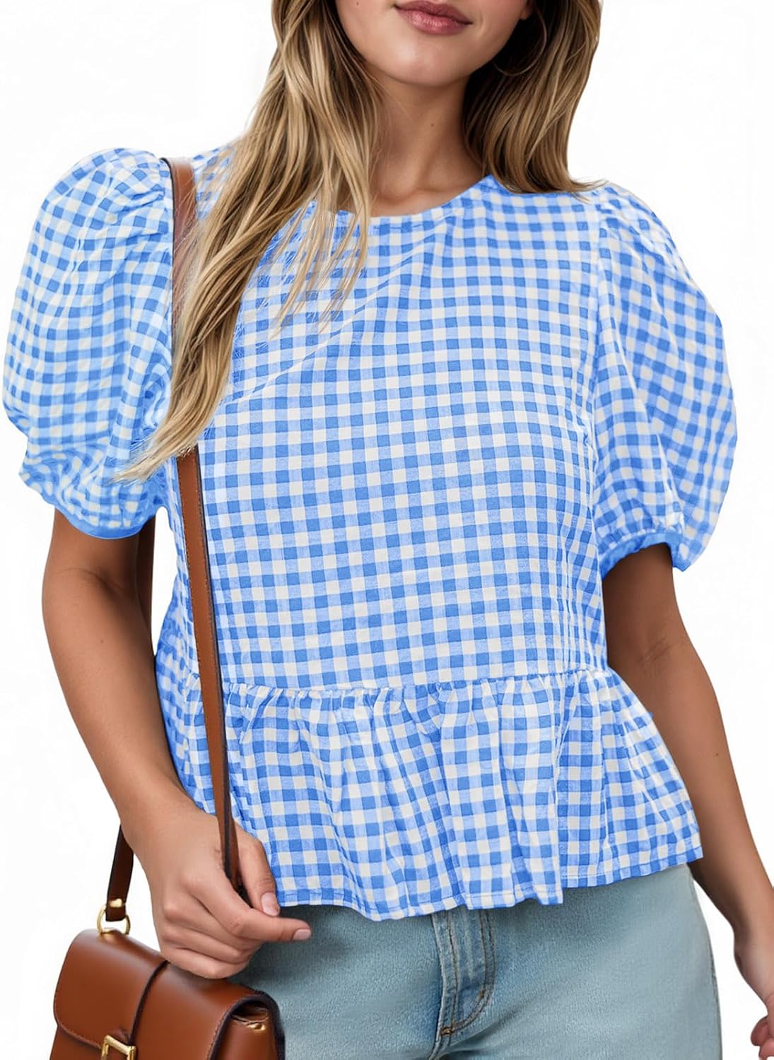 Cicy Bell Womens Puff Sleeve Gingham Blouse Summer Ruffle Peplum Babydoll Tops Cute Plaid Cotton Shirts