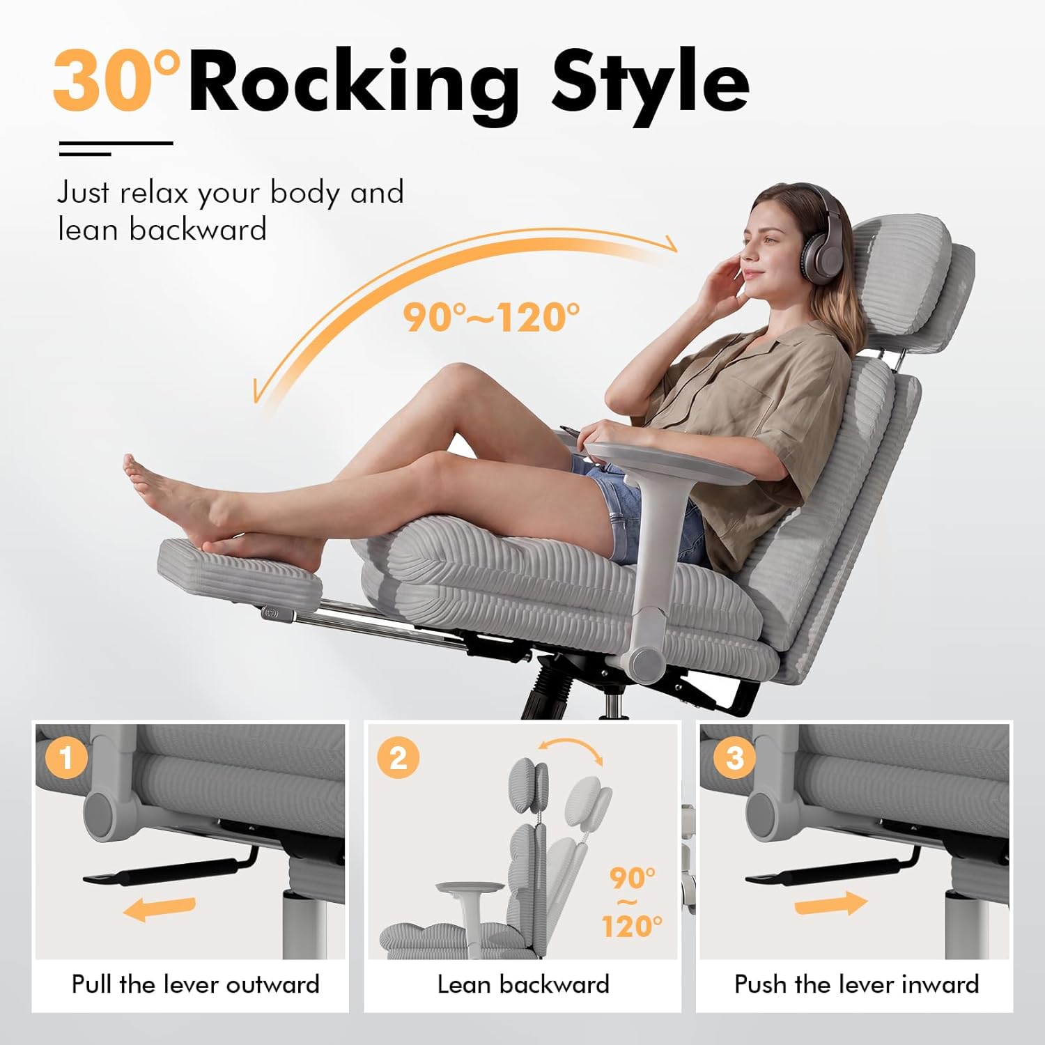 GXJ Criss Cross Chair with Wheels & Flip-up Arms, Executive Office Chair with Foot Rest, Swivel Cross Legged Office Chair with Lumbar Pillow, Corduroy Comfy Computer Desk Chair for Home, Grey