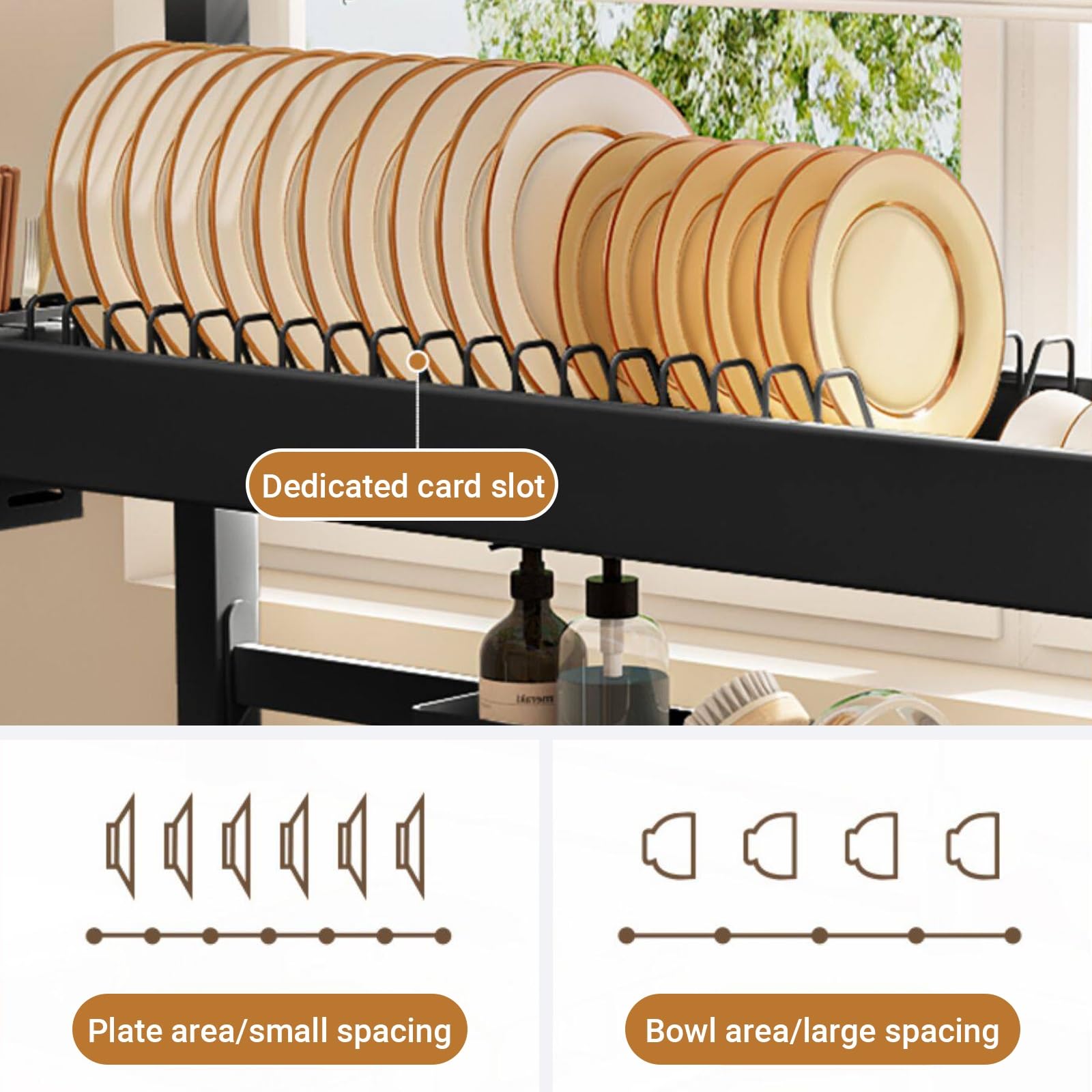 Escurridor de platos sobre fregadero, acero al carbono de 2 niveles con soporte extraíble para cubiertos, diseño que ahorra espacio para platos, vasos y cubiertos