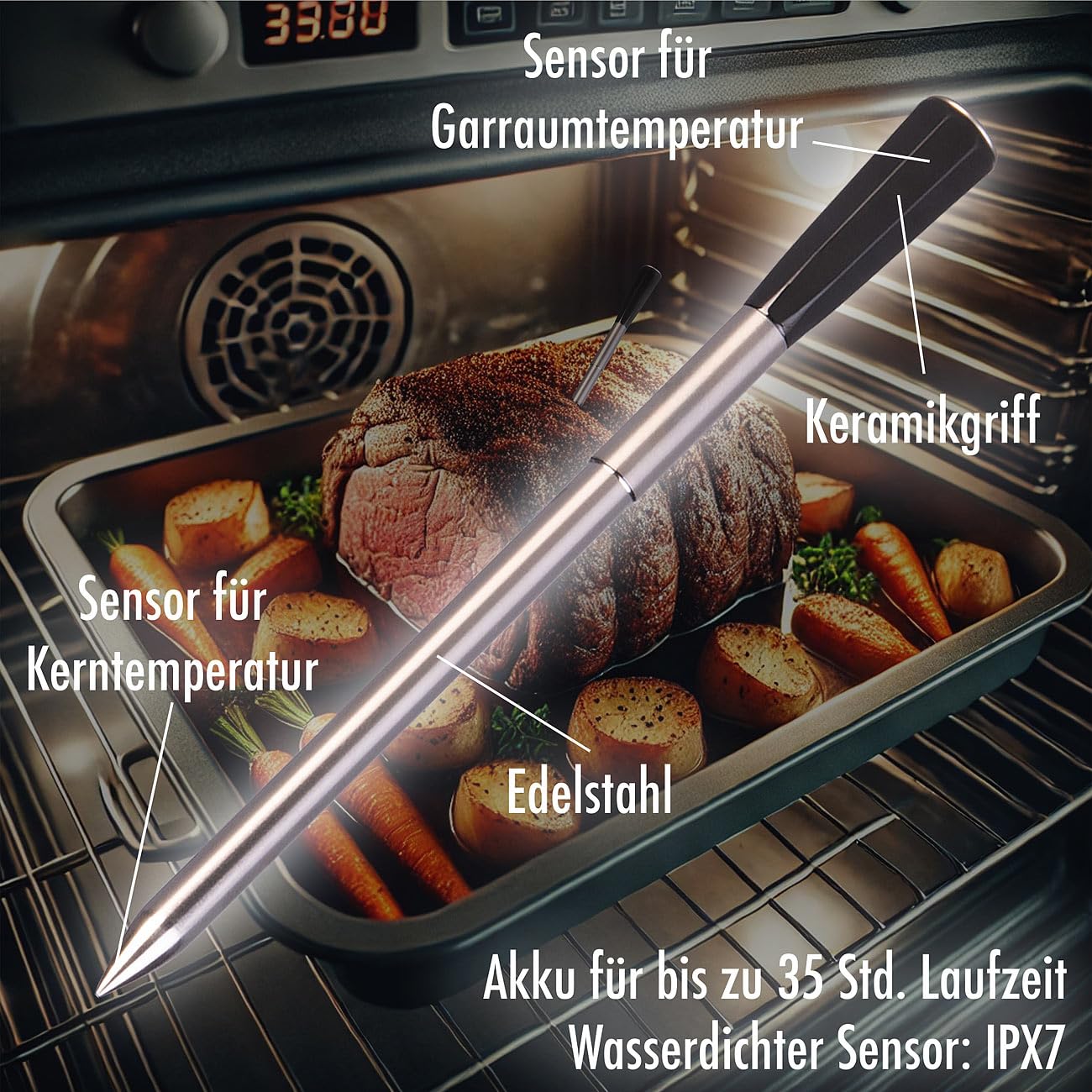 Rosenstein & Söhne Rindfleisch-Thermometer: 2er-Set kabellose smarte Fleisch-, Braten- & Grill-Thermometer,BT5,App (Grillthermometer Digital Funk, Digital-Bratenthermometer, Grillspiesse)
