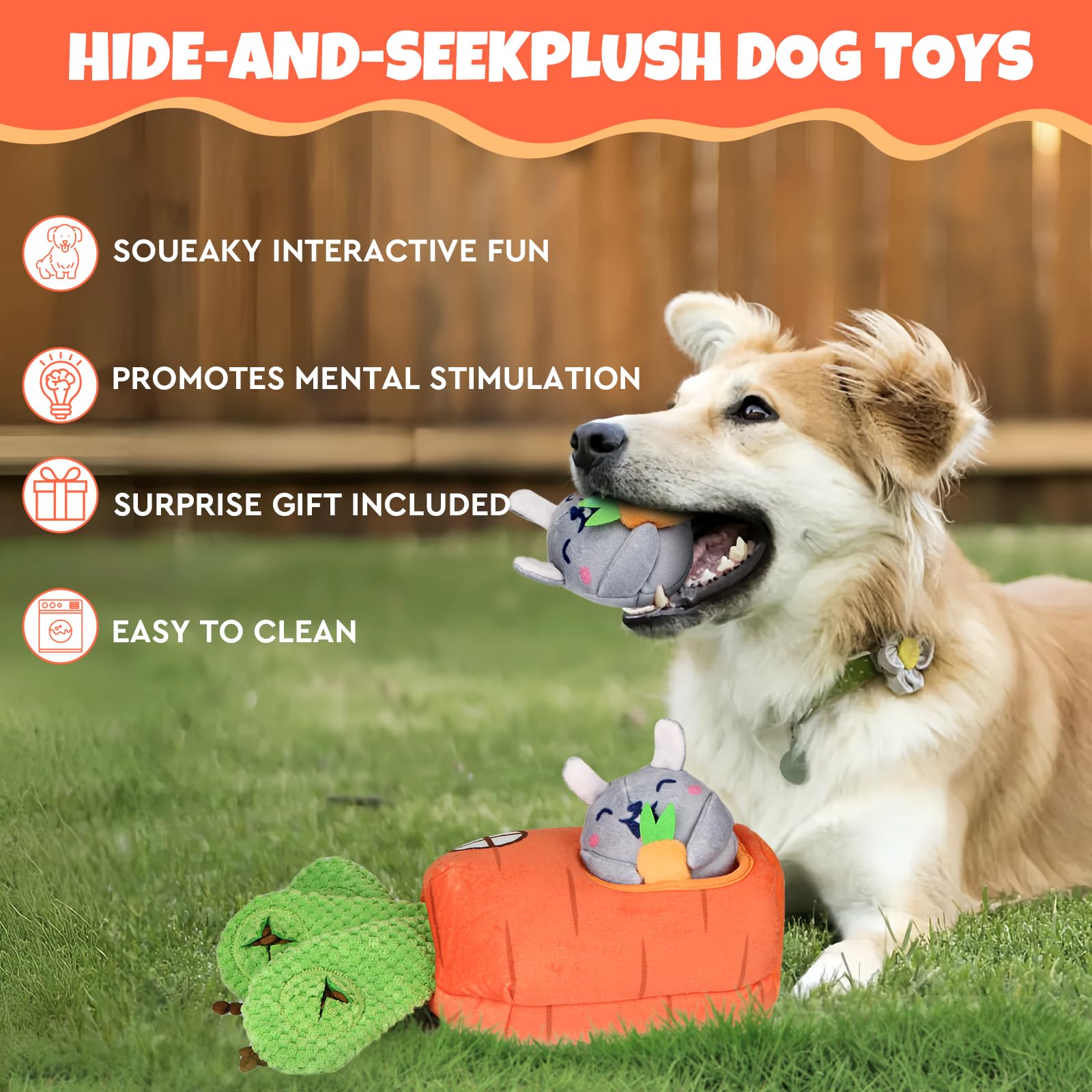 Globright Hide and Seek Squeaky Dog Plush Toy Carrot and Bunny Set - Image 4