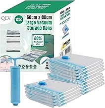 QLV Vacuum Storage Bags for Clothes (12 Pack, 60x80cm) | Large Vacuum Compression Bags with Hand Pump | 80% Space Saver, Waterproof, Reusable Travel Storage Solution for Bedding, Blankets, Pillows