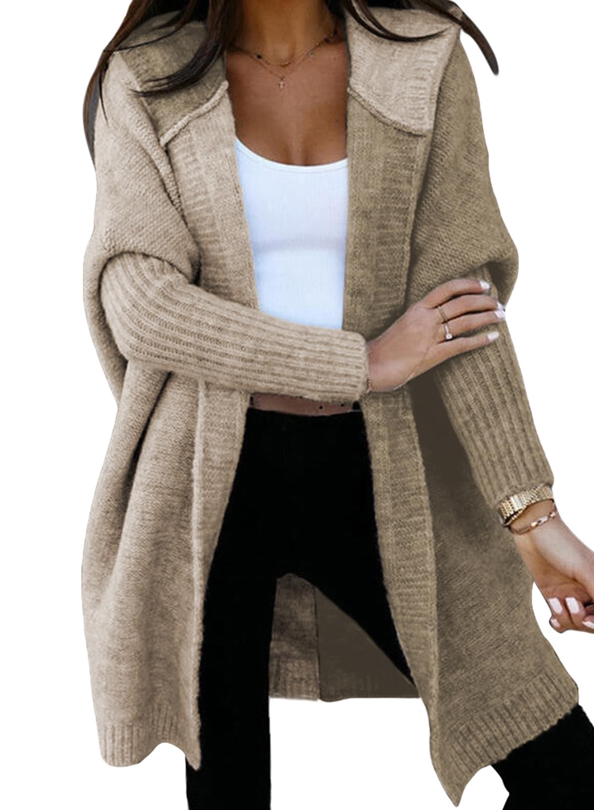 AstylishWomen Open Front Long Sleeve Hooded Knit Cardigan Sweaters Color Block Outwear Coat