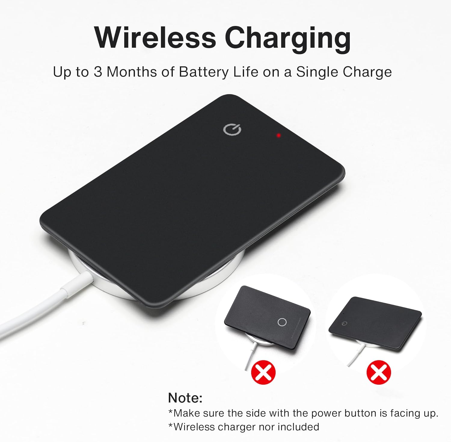 iVANKY Wallet Tracker Card on a wireless charging pad, with a note to ensure the power button side is facing up.