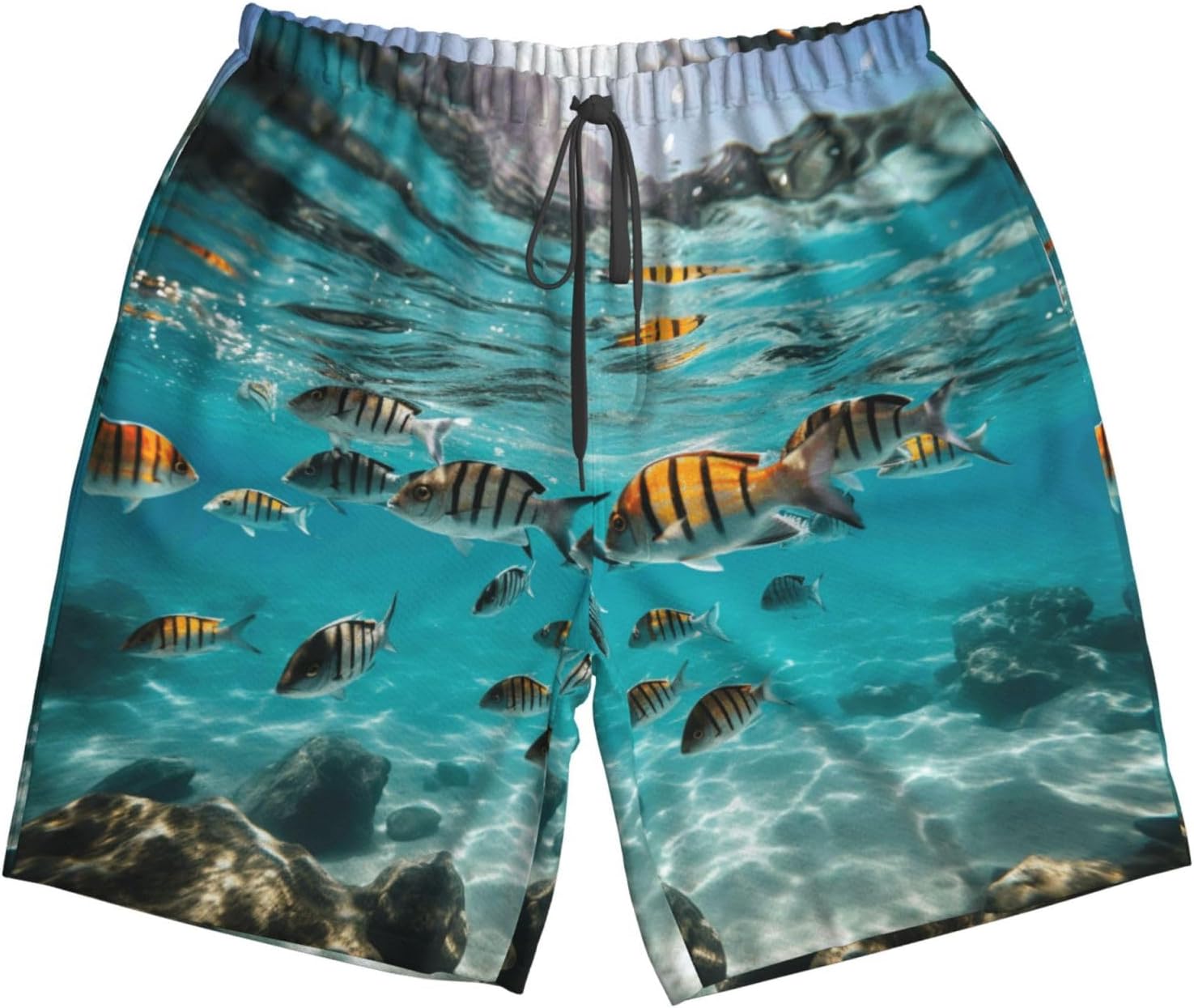 Ocean Tropical Fish Print Mens Casual Shorts Drawstring Summer Beach Stretch Shorts Novelty Swimtrunks