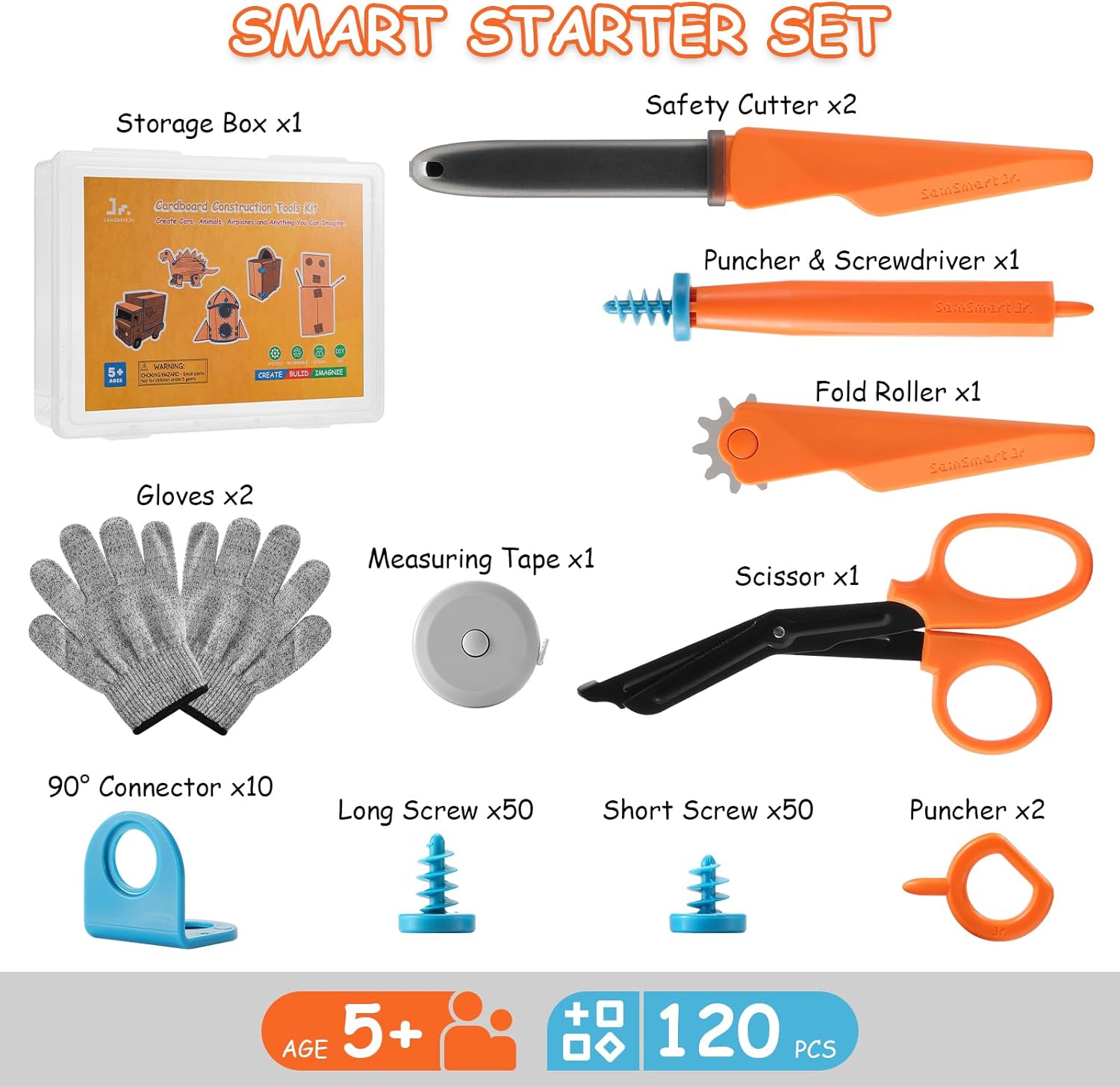 SainSmart Jr. Cardboard Tools for Kids with Safe Cutter, Tool Box & Tape Measure, 120 PCS Cardboard Construction Kit for Family & Classroom Activities | Reusable Cutting Tools for Boys & Girls Age 5+