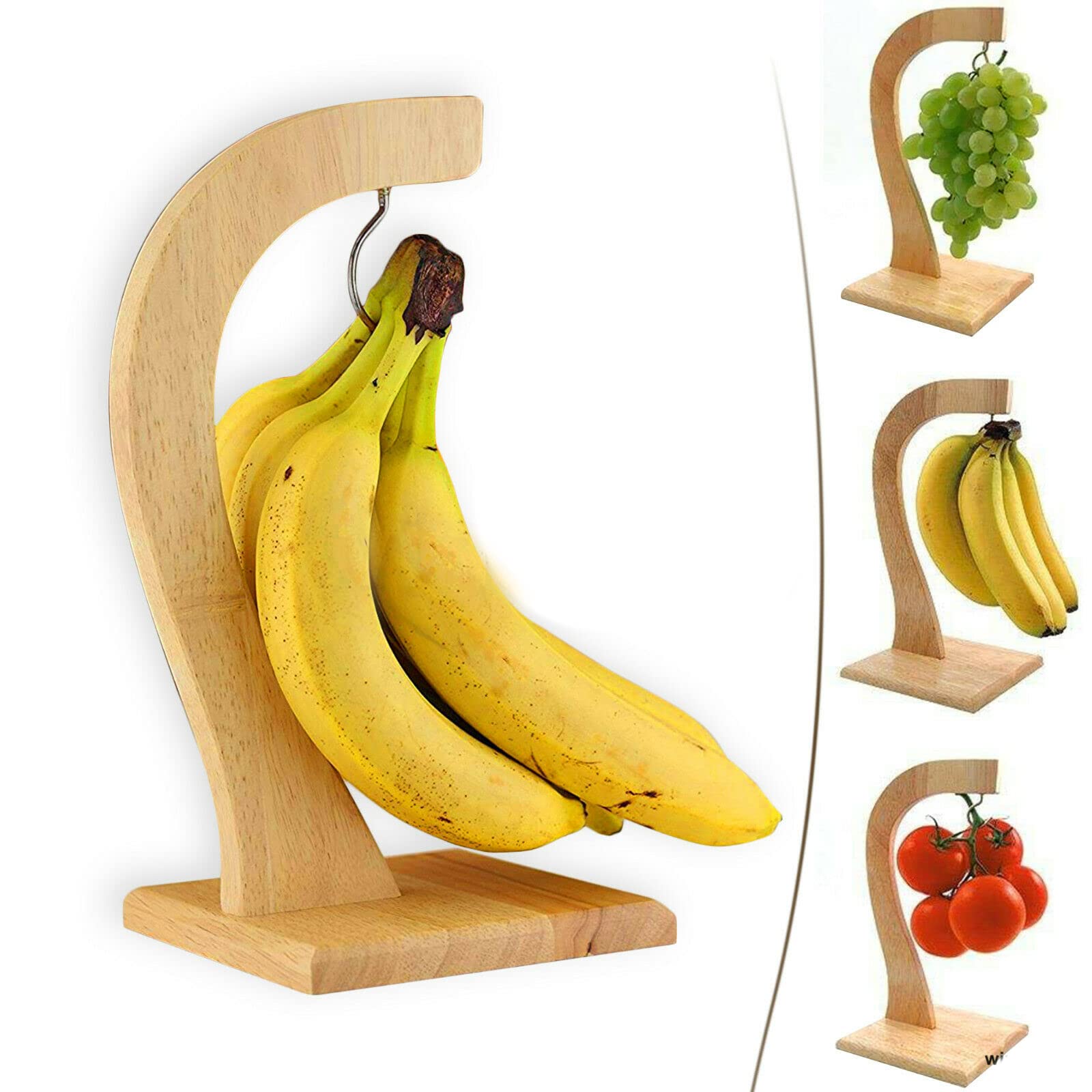 Natural Wooden Banana Hanger Holder Grapes Fruit Stand Wooden Tree Wide Base Fruit Basket with Chrome Hook
