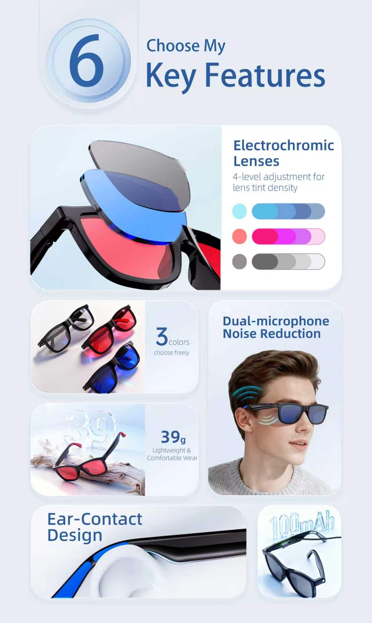 Générique 2026 Lunettes Connectées Audio Bluetooth Verres Électrochromiques Teinte Réglable 1 Clic, Écouteurs Intégrés, Appels Mains Libres, Protection UV400, Autonomie 100mAh 11LASTYLE47