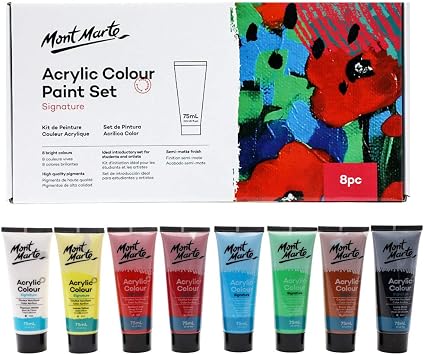 Mont Marte Signature Acrylic Color Paint Set, 8 x 2.5oz 75ml, Semi-Matte Finish, 8 Colors, Suitable for Most Surfaces Including Canvas, Card, Paper and Wood