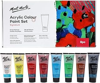 Mont Marte Signature Acrylic Color Paint Set, 8 x 2.5oz (75ml), Semi-Matte Finish, 8 Colors, Suitable for Most Surfaces Including Canvas, Card, Paper and Wood