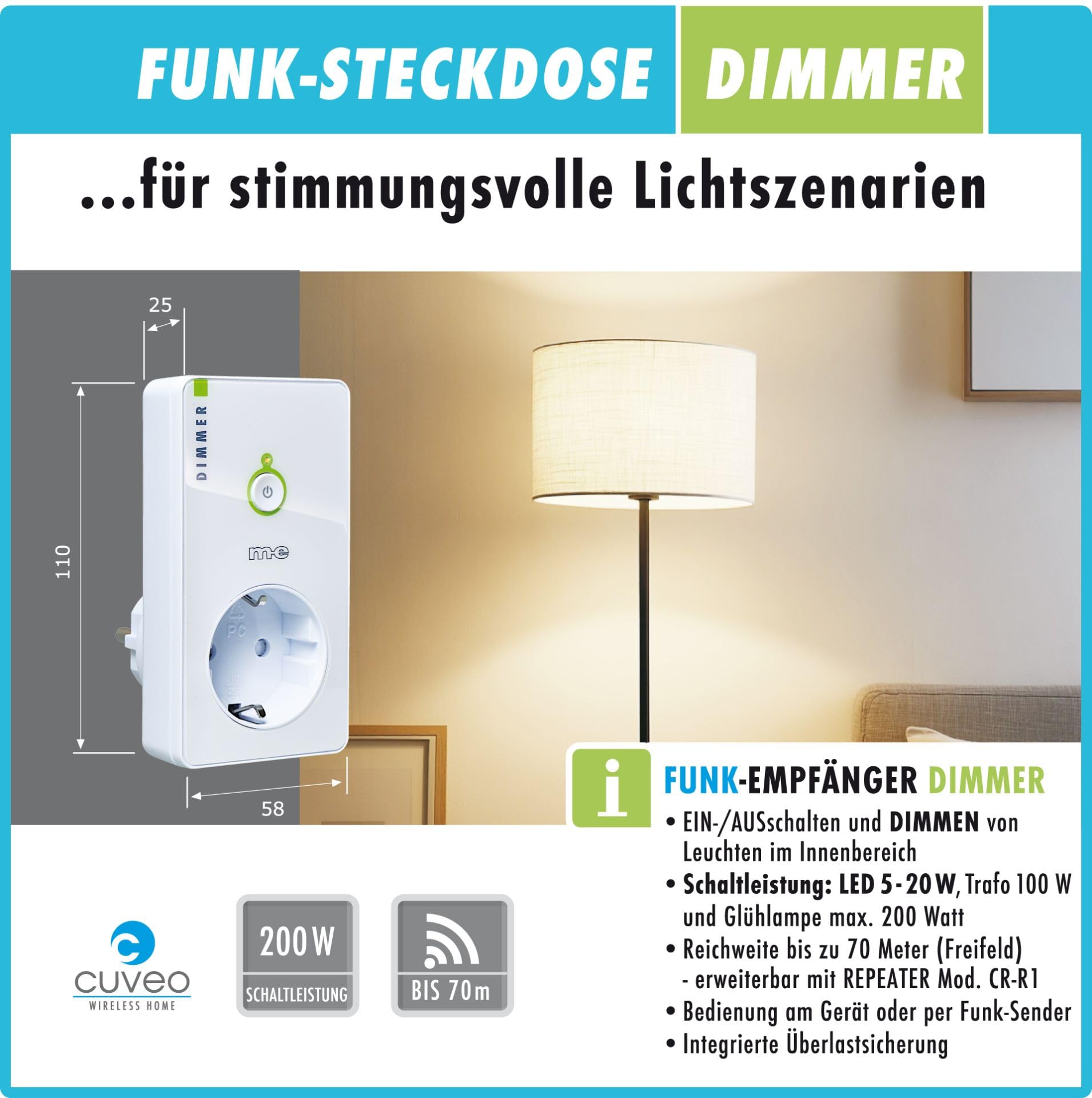 Cuveo Starterset-15-W Funksteckdosen-Set mit Funk-Wandtaster, Funksteckdose mit Schalter kabellos, 70 Meter Reichweite, Funk-Steckdose und 2-Kanal Wandschalter für Haus und Garten, Farbe Weiß