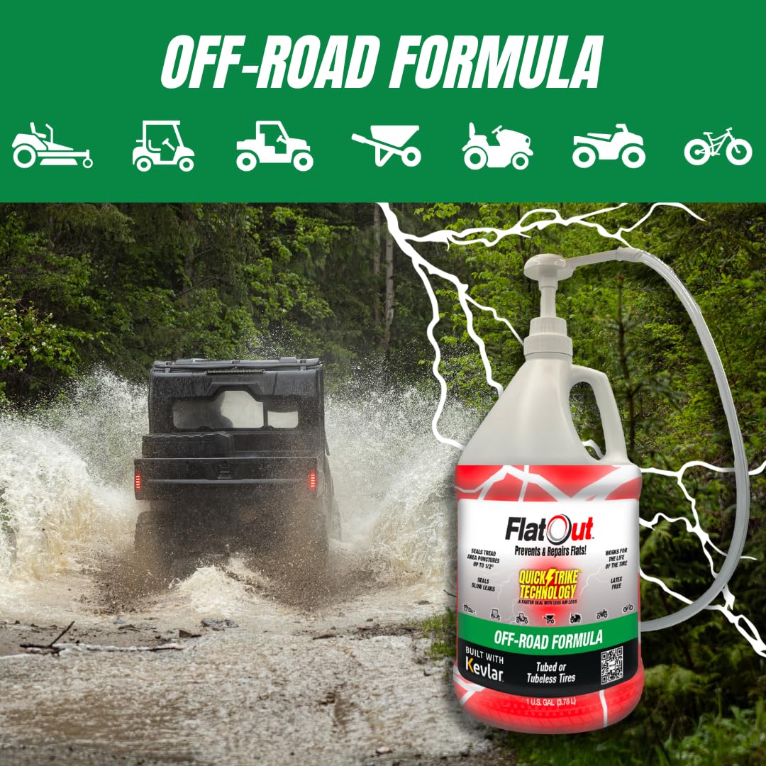 FlatOut QuickStrike Tire Sealant - Off-Road Formula - Prevents Flat Tires - Seals Leaks - Contains Kevlar - Tubeless Tire Sealant - 1 Gallon + Tool