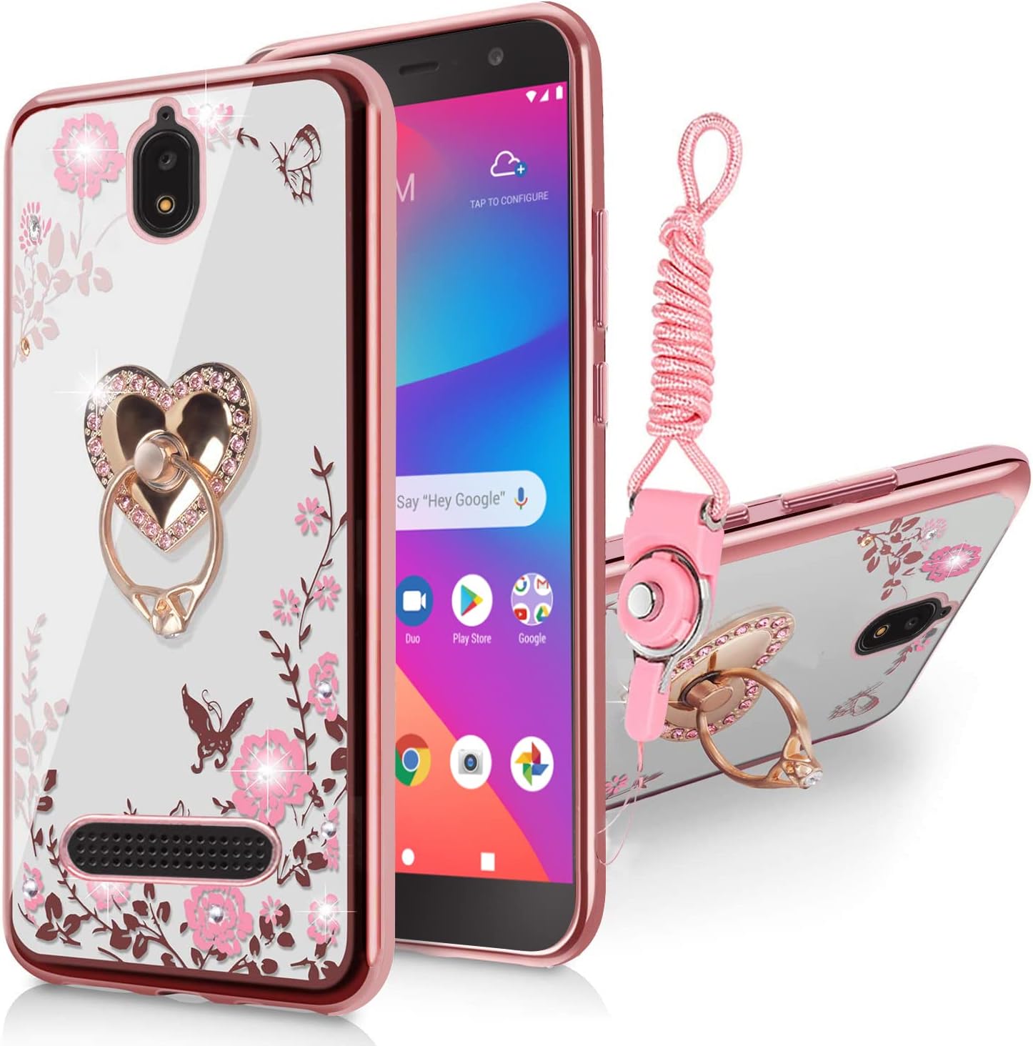 B-wishy for Blu View 2 Case for Women, Glitter Crystal Butterfly Heart Floral Slim TPU Luxury Bling Cute Protective Cover with Kickstand+Strap for Blu View 2 B130DL (Rose Gold)