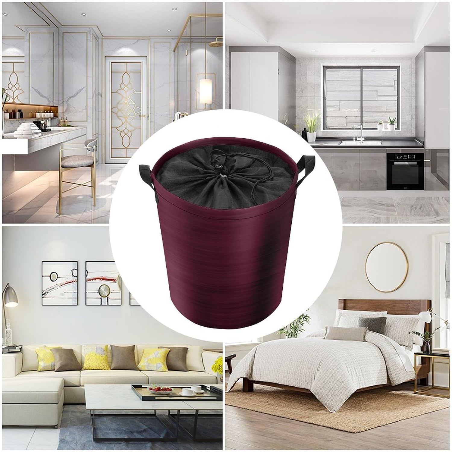 Large Laundry Hamper Bag, Girly Burgundy Brush Metal Laundry Basket with Drawstring Collapsible Dirty Clothes Storage Washing Bin for Bathroom, Dorm Essentials