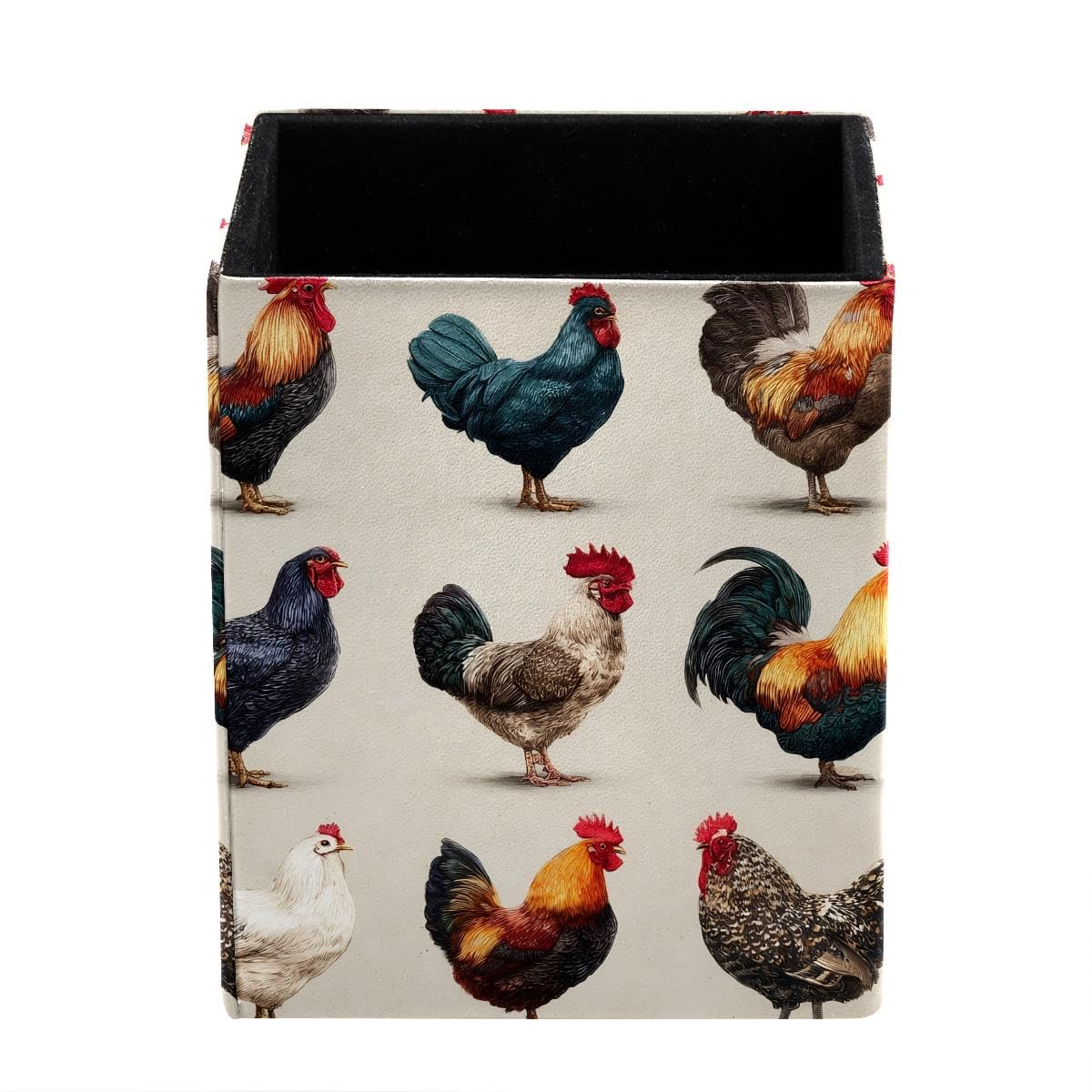 Chicken Rooster Hen Breeds Pen Holder Pen Pot, Square Pencil Cup for Desk