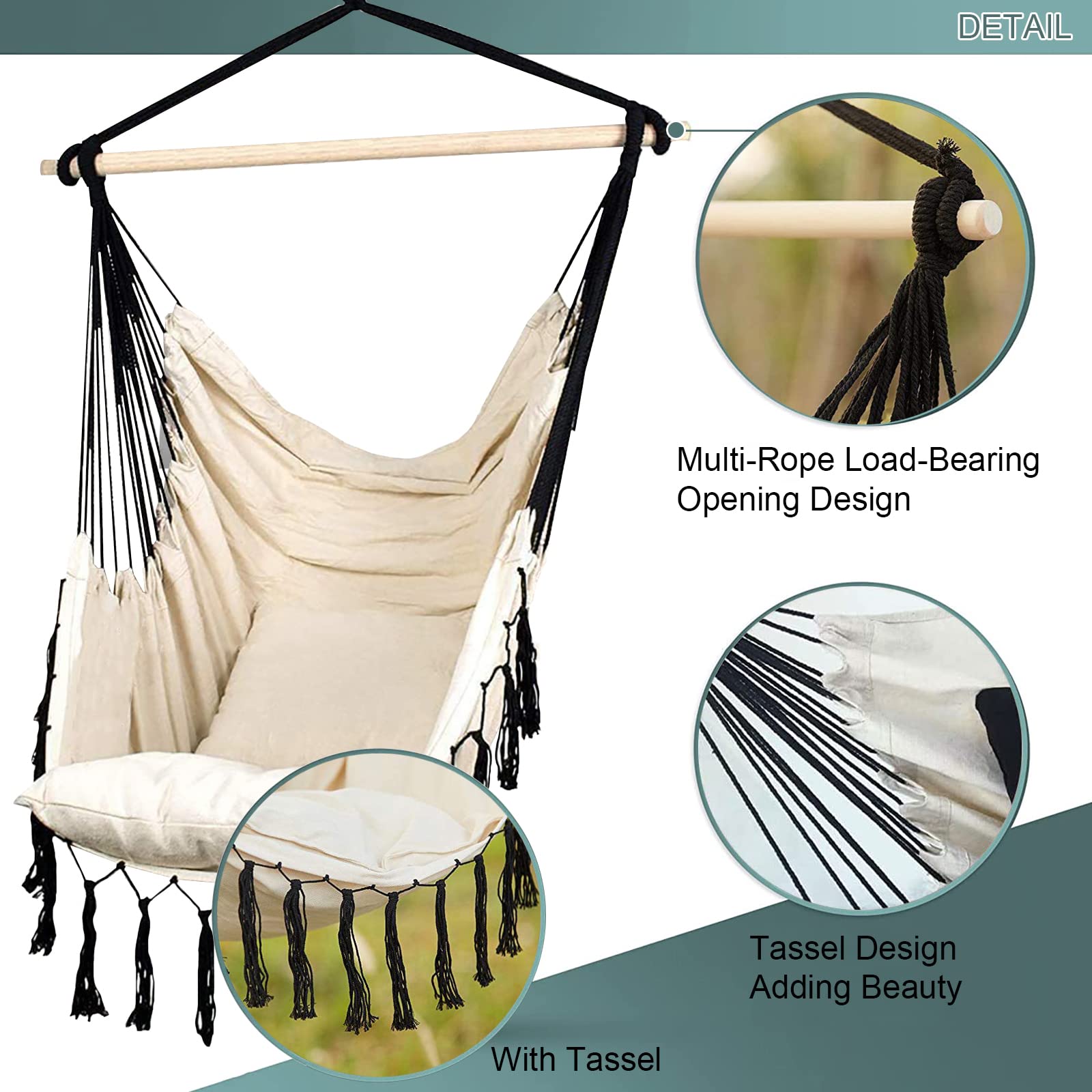 Hamaca colgante para interiores y exteriores, opción cómoda y elegante con 2 cojines, capacidad máxima de 120 kg, ideal para patio, dormitorio, porche, silla colgante de cuerda