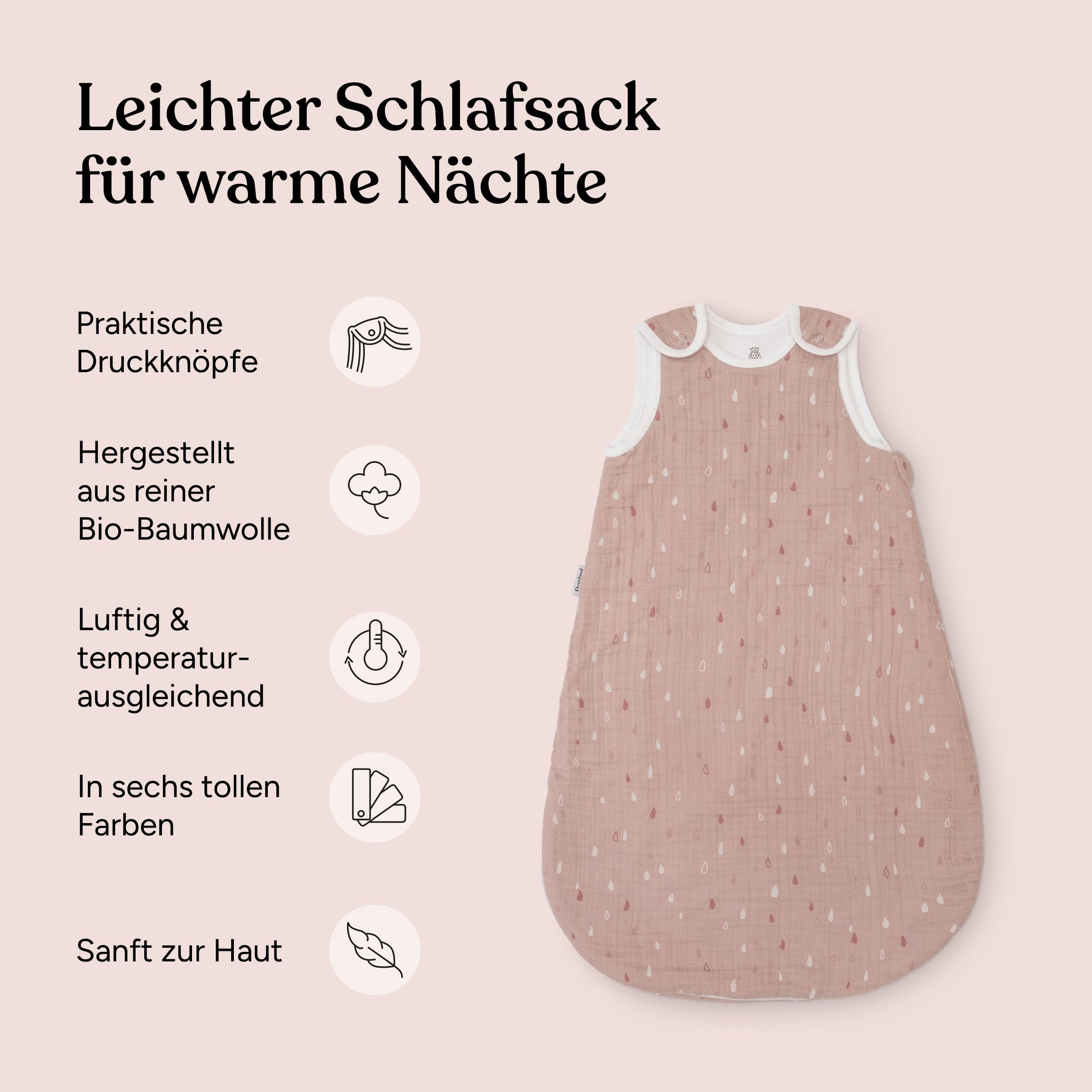 Ehrenkind® Baby Sommerschlafsack Rund Musselin | aus weicher OEKO-TEX zertifizierter Bio-Baumwolle | Sommer Baby Schlafsack Baby 1 TOG Gr. 50/56 Natur-Graue Tropfen