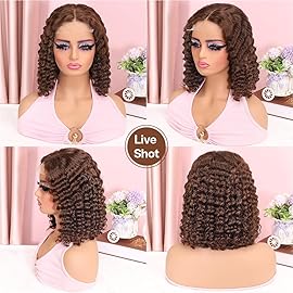omswet Curly BOB Wig Human Hair 200 Density 5x5 HD Lace Closure Deep Wave Wigs for Black Women Glueless Wear and Go Pre Plucked Deep Wave Wet and Wavy Glueless Wigs Human Hair Chocolate Brown 12 Inch