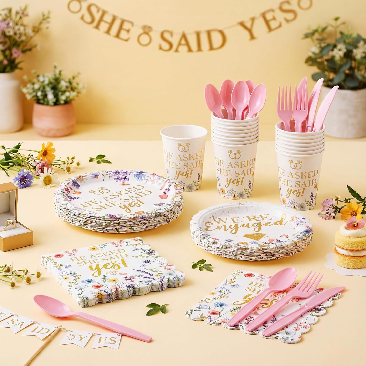 She Said Yes Decorations, She Said Yes Tableware, Engagement Party Supplies, Bridal Shower Plates and Napkins Sets for Wedding Bridal Shower Bachelorette, Serve 24(Wild Flower)