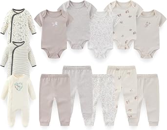 13Pcs Newborn Layette Set Baby Boy Girl Rompers Bodysuits Pants | 100%Cotton,Soft,Gender Neutral Infant Clothes,Snap Closure,Machine Washable,Varied Styles,Daily Outfits,Mix and Match