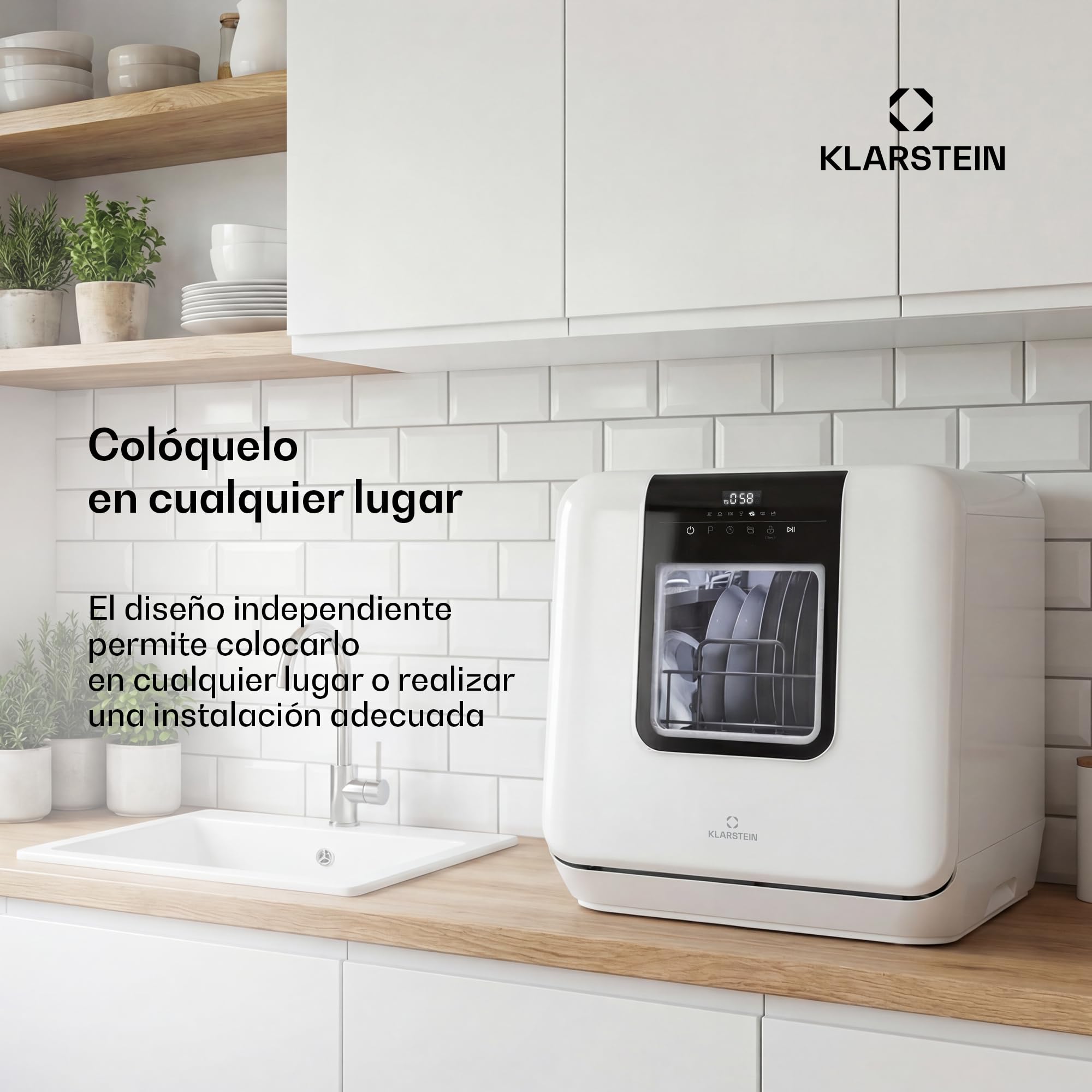 Lavavajillas de sobremesa Klarstein Melville – Lavavajillas compacto con capacidad para 3 servicios, 7 programas, 6 litros de consumo de agua, AquaStop y diseño portátil