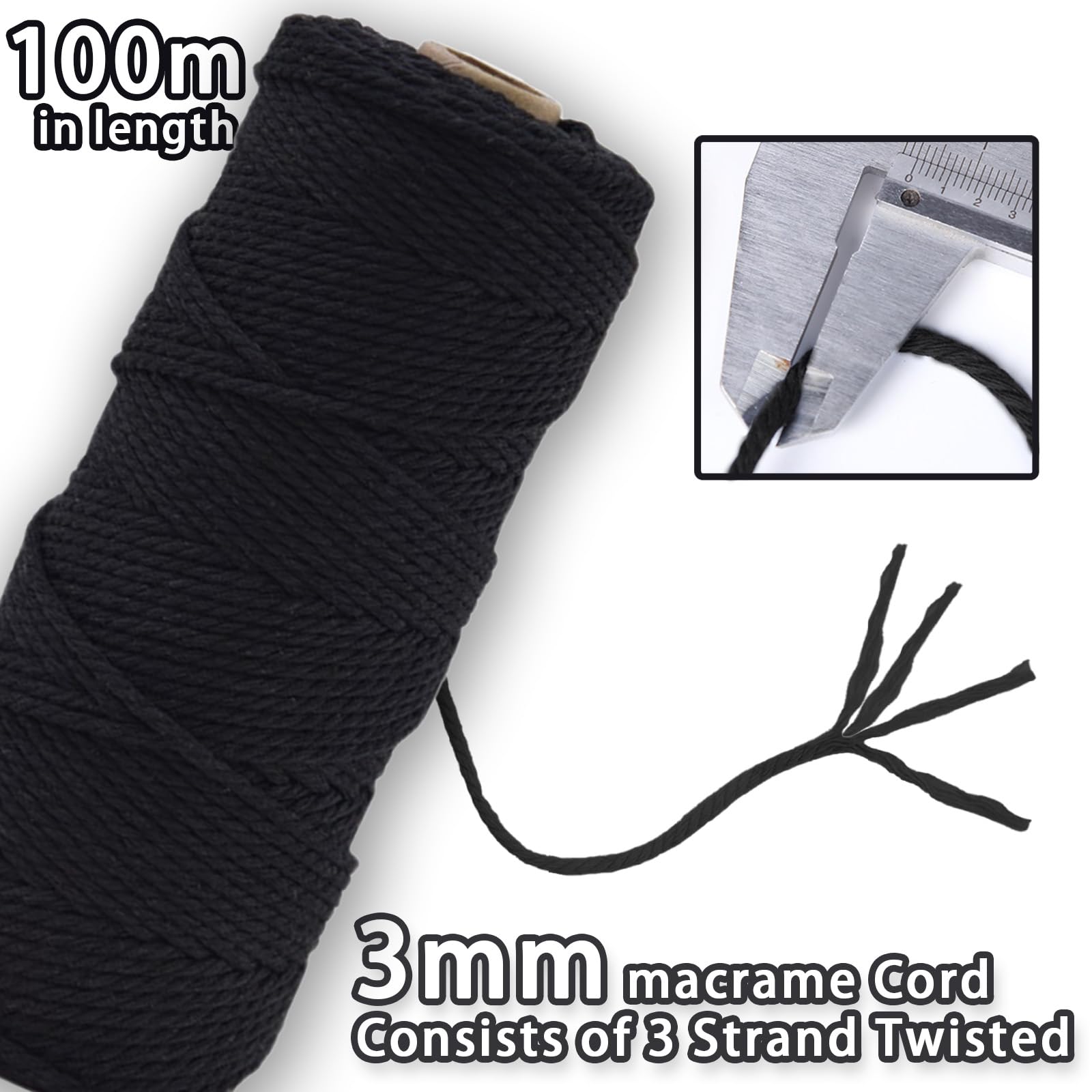MORAINJAY 3mm Macrame Cord 100m, Black Macrame Cotton Cord Twine Rope Craft String - Image 2
