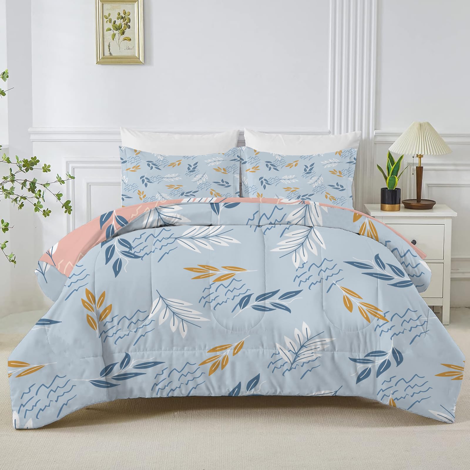 Linfye Light Blue Leaves King Size Duvet, Reversible Coverless Pink Branches Duvet King Size, Anti Allergy Bed Quilt King 7.5 Tog for All Seasons - 1 Soft Comforter Bedding with 2 Pillowcases - B26