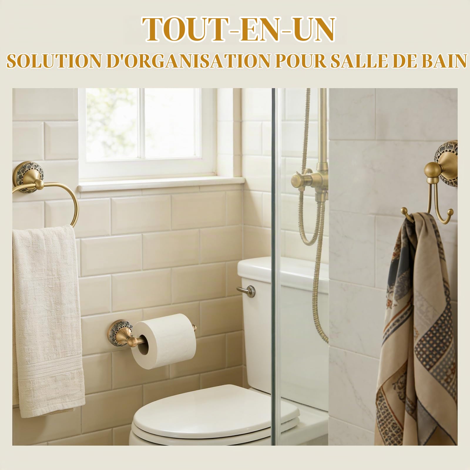 Lot de 3 accessoires de salle de bain avec gravure antique – Porte-papier toilette, anneau porte-serviettes et double crochet – Ensemble de salle de bain en métal durable résistant aux rayures pour