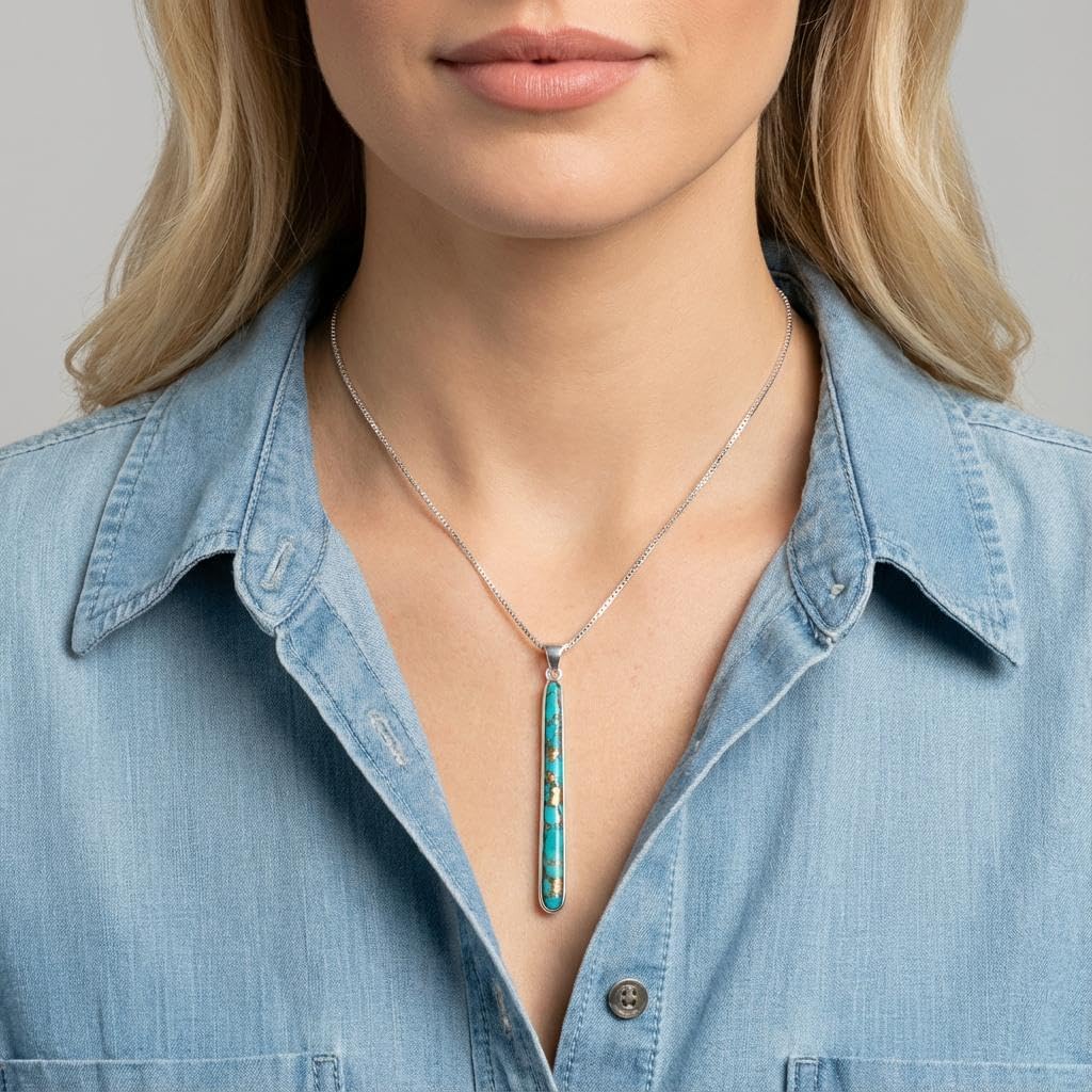 Turquoise Pendant Necklace 20" Sterling Silver 925 Genuine Gemstones (Choose Color) - Image 2