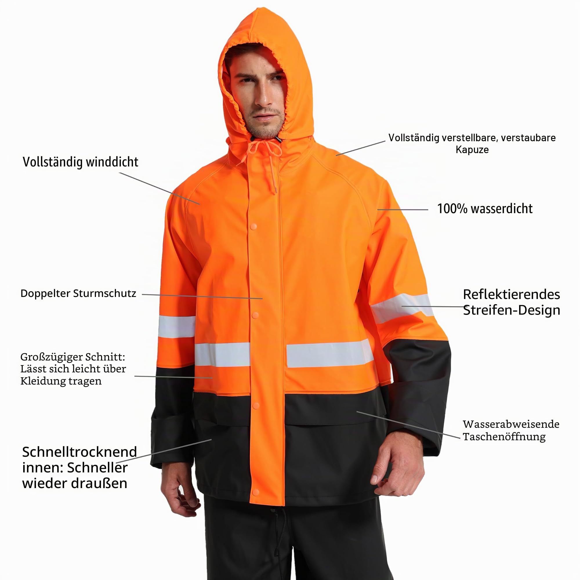 Regenanzug Herren Warnschutz Wasserdicht - PU Regenjacke & Latzhose, Regenbekleidung mit 360° Reflektoren. Ideal für Baustelle, Landwirtschaft, Outdoor