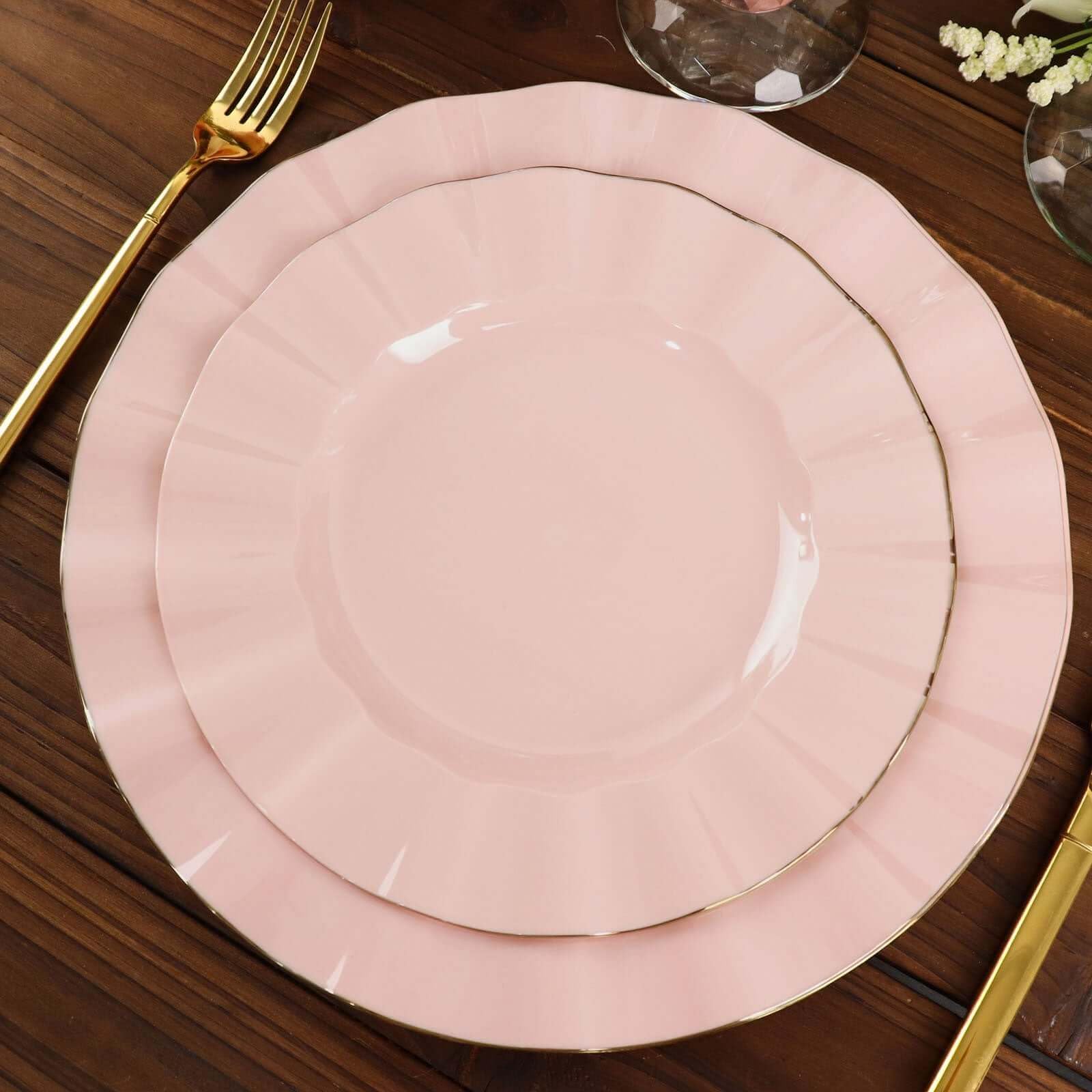 Efavormart 9" Salad Plates – Set of 10 Plastic Blush Round Disposable Plates with Gold Ruffled Rim – Elegant Appetizer & Dessert Plates for Weddings, Parties, Catering, and Formal Events