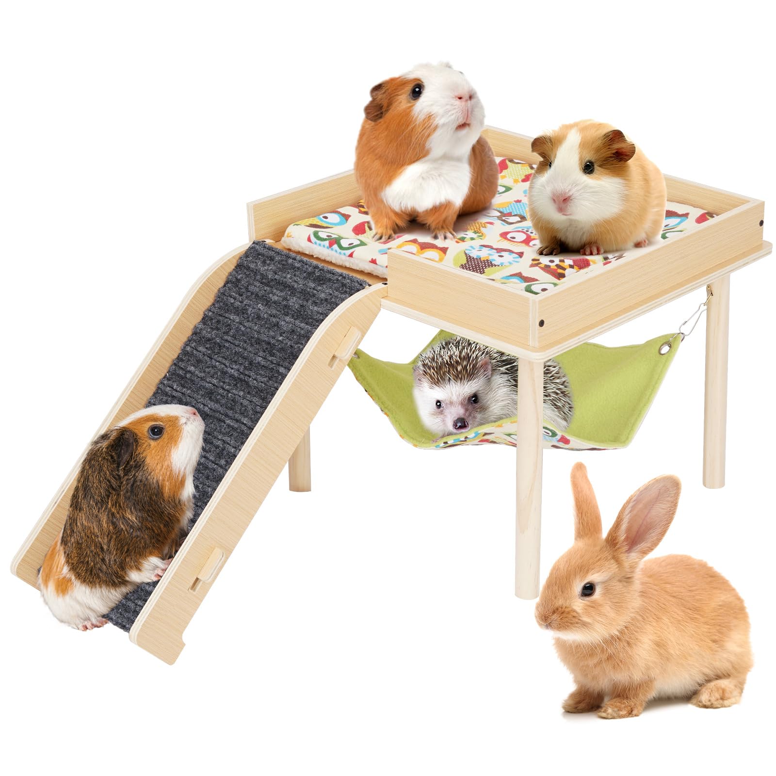 Meerschweinchen-Hängematte mit Rampe, Holz Meerschweinchen Versteck Spielzeug mit Plattform, Meerschweinchen Zubehör Schloss mit weicher Matte & Treppe für Käfig Kleintiere Hamster Chinchilla Igel