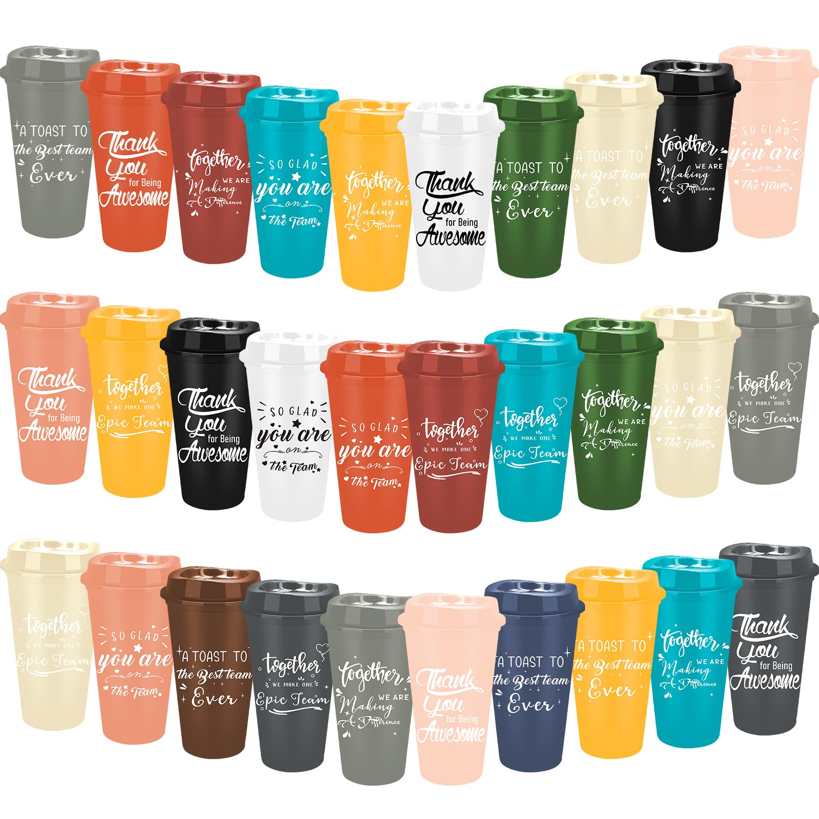 30 Pcs Thank You Gifts Plastic Coffee Cups with Lids, 470 ml Reusable Inspirational Tumblers Bulk, Plastic Appreciation Mugs Set for Employee Teacher Coworker Staff Nurses Christmas Favors (14 Colors)