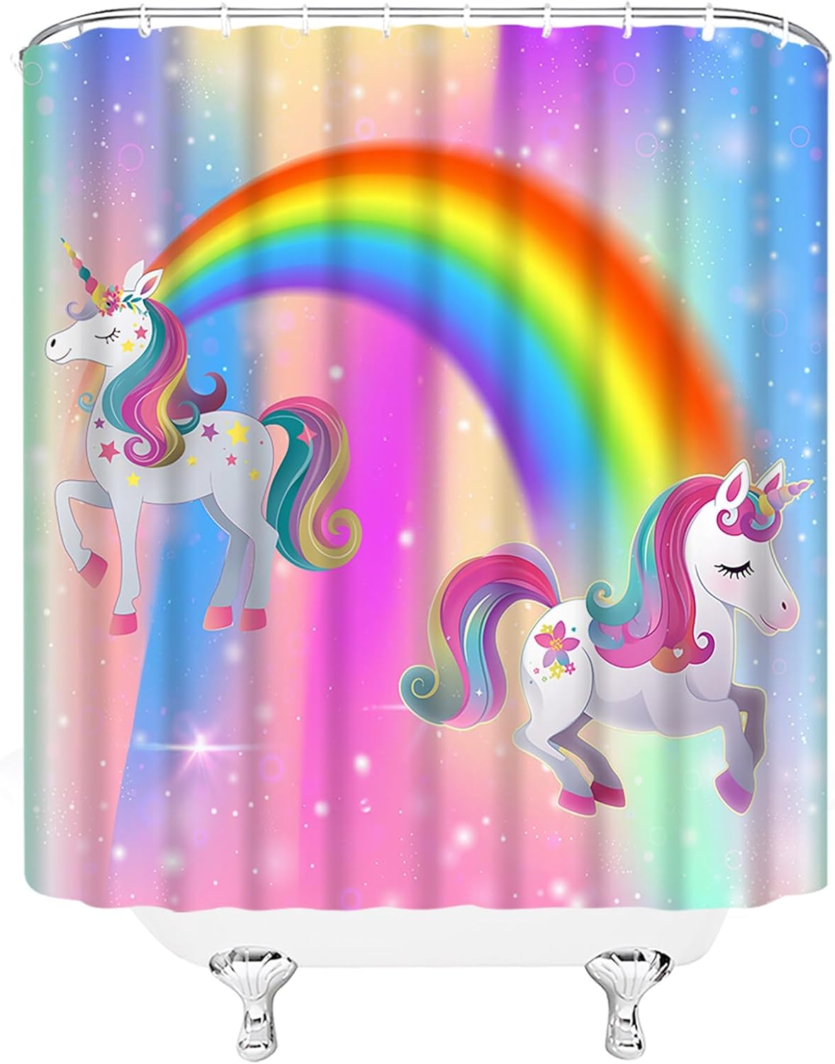 Unicorn Shower Curtain Funny Rainbow Pink Purple Creative Girls Fantasy Cartoon Fabric Bathroom Decor Set with Hooks,(84" Wx70 H)