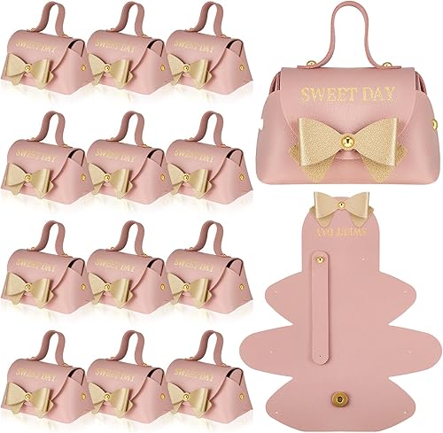 Dandat Caja de regalo de 20 piezas pequeñas con lazo rosa con asa de piel sintética, reutilizable, regalo rosa con lazo dorado para cumpleaños,