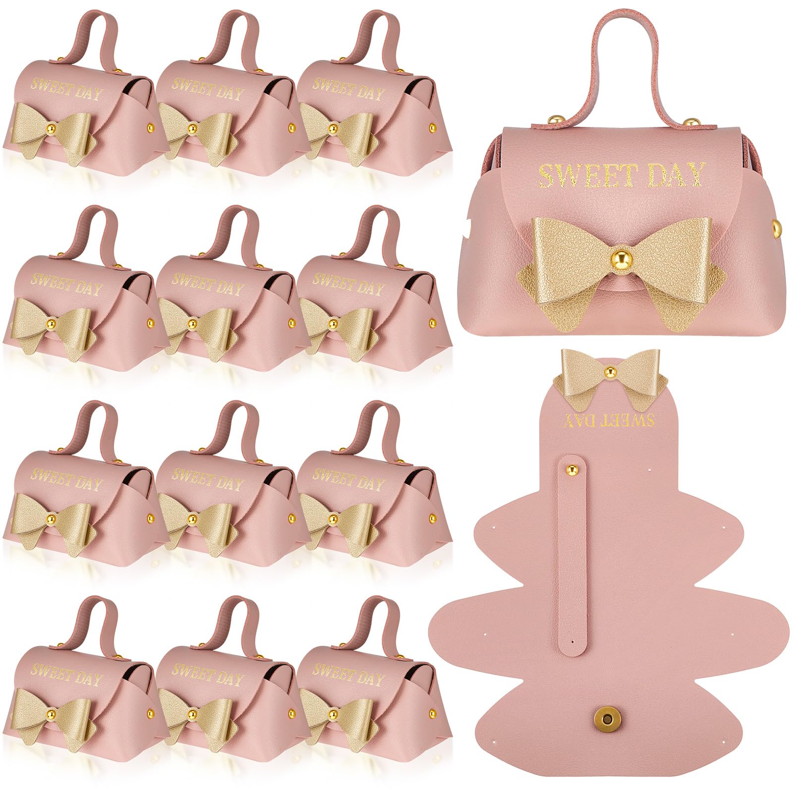 Dandat 20 Stück rosa Bowknot Geschenkbox mit Griff PU-Leder Geldbörse Box Rosa Leckerli-Boxen Wiederverwendbare rosa Süßigkeiten-Boxen mit goldener Schleife für Geburtstag Weihnachten Hochzeit Party